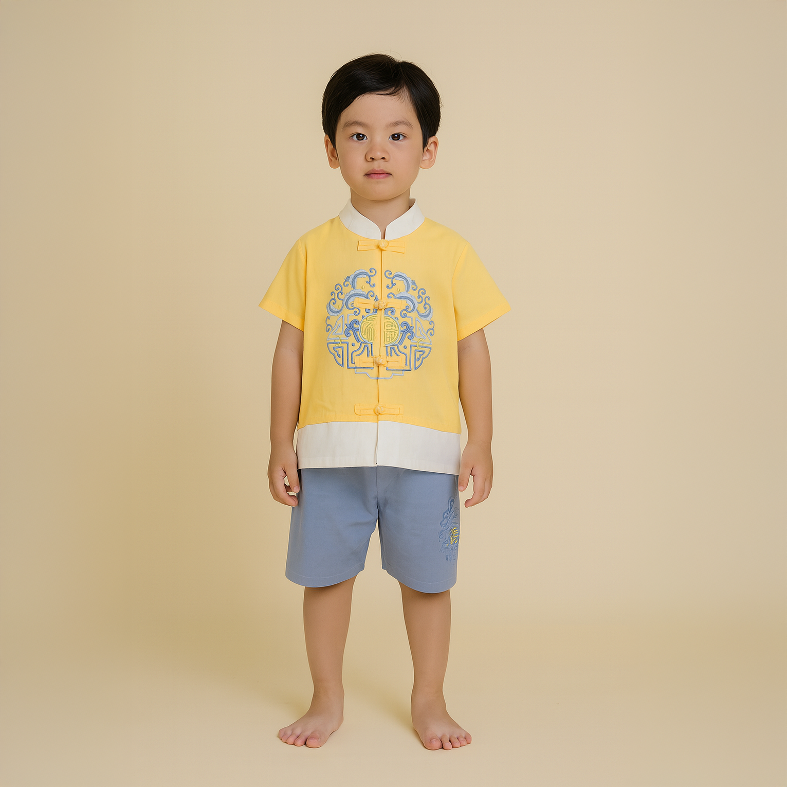 Singapore Souvenir Gift Baby Kids Boys Chinese Character Fu Cheongsam Set Yellow Top n Blue Shorts CNY Chinese New Year Outfit