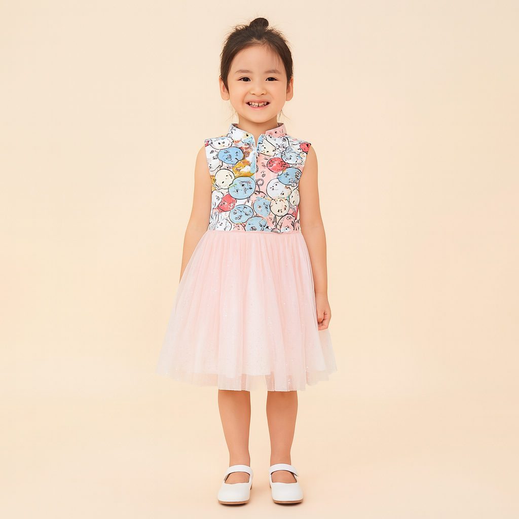 Singapore Souvenir Gift Purrfect Family Paws Baby Kids Girl Sleeveless Pink Cats Voile Cheongsam Dress Family Wear 0814