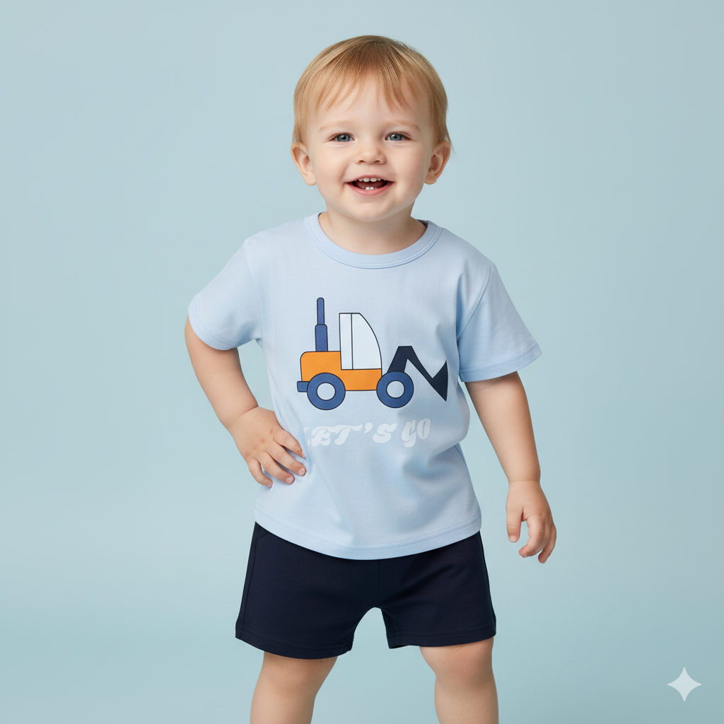 Baby Boy Bulldozer Blue Top n Dark Blue Shorts Set - Little Kooma