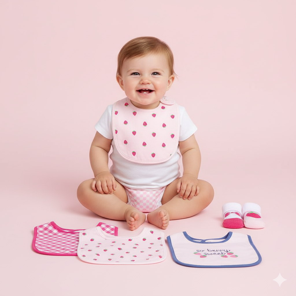Baby Girl Bibs n Socks 5 Pcs Set Pink Strawberry 0 to 9 Months 17608 - Little Kooma