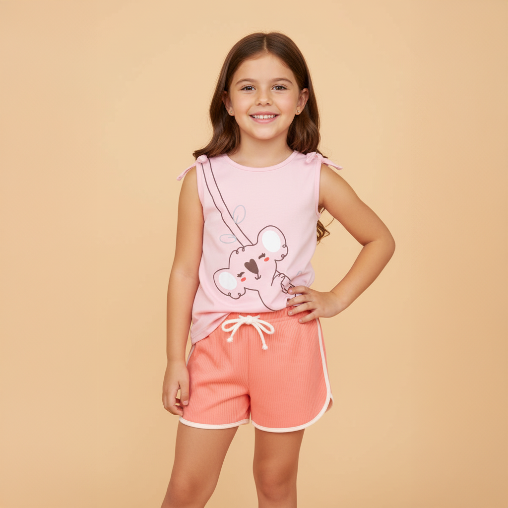 Baby Girl Knot Shoulder Pink Printed Koala Top n Shorts Set - Little Kooma
