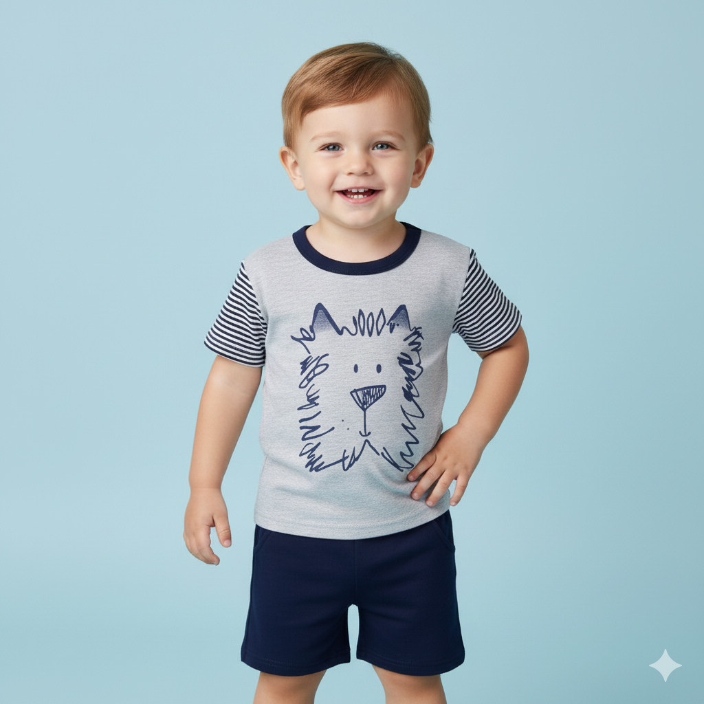 Baby Boy Cute Puppy Sketch Grey Top n Dark Blue Shorts Set - Little Kooma
