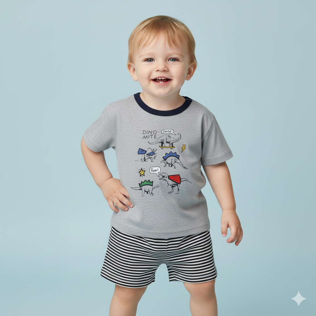Baby Boy Dinosaur Grey Top n Stripe Shorts Set - Little Kooma