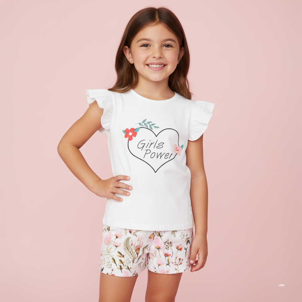 Baby Girl Ruffled Pink White Printed Top n Floral Shorts Set Girls Power - Little Kooma