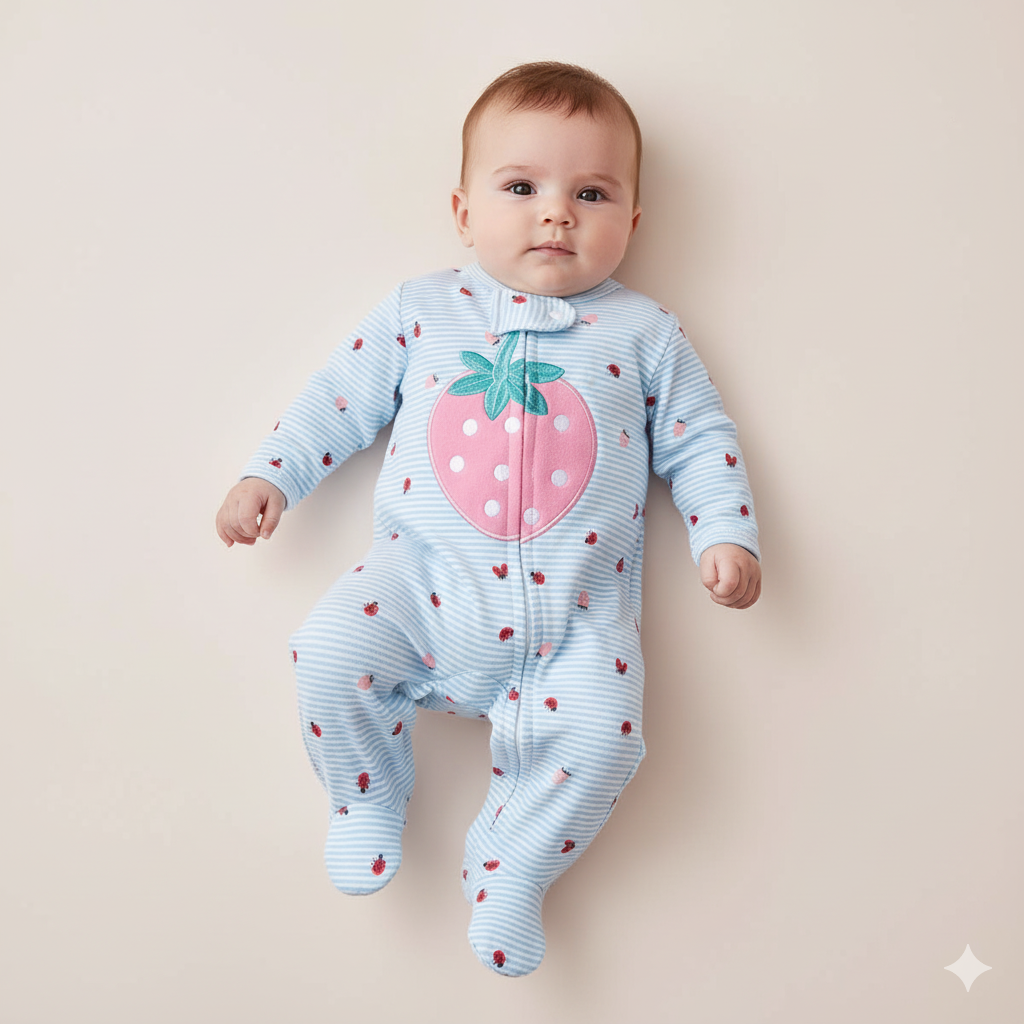 Baby Cotton Sleepsuit Blue Stripes Strawberry Two Way Zipper All In One Jumpsuit Feet Cover - Little Kooma