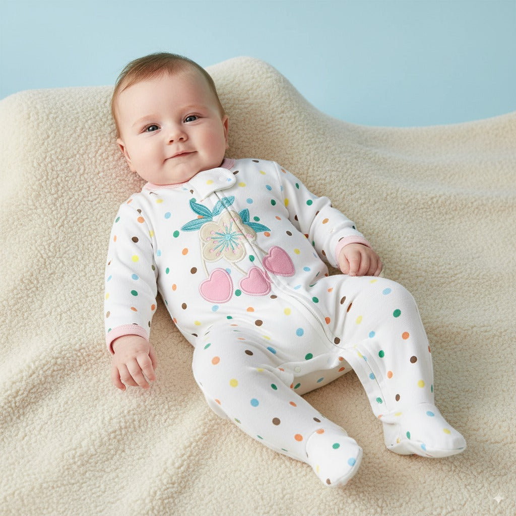 Baby Cotton Sleepsuit Polka Dots Cherry Two Way Zipper All In One Jumpsuit Feet Cover - Little Kooma