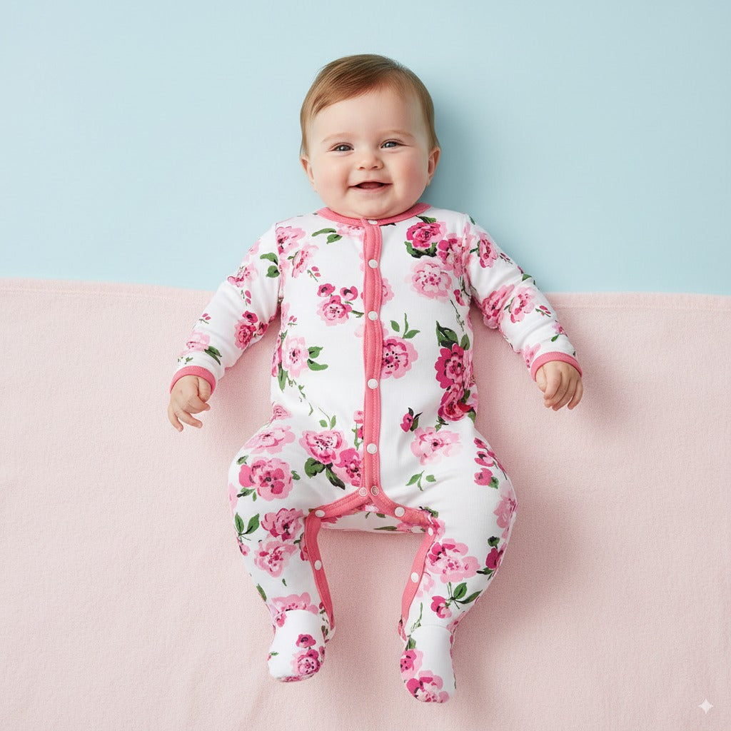 Baby Cotton Sleepsuit Pink Flowers All In One Jumpsuit Feet Cover - Little Kooma