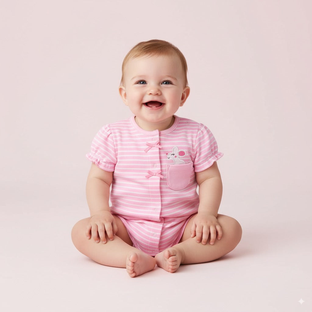 Baby Girl Romper Pink Stripes w Embroidered Little Mouse - Little Kooma