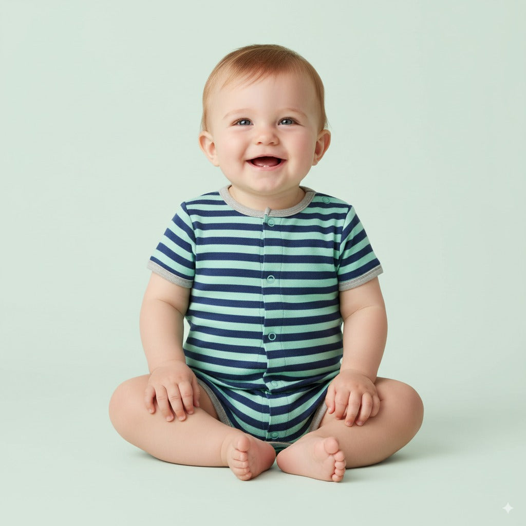 Baby Boy Green Stripe Romper w Embroidered Rocket - Little Kooma