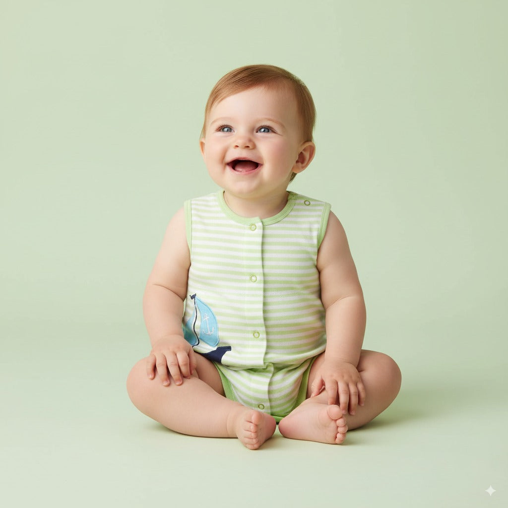 Baby Boy Sleeveless Green Stripe Romper w Embroidered Boat - Little Kooma