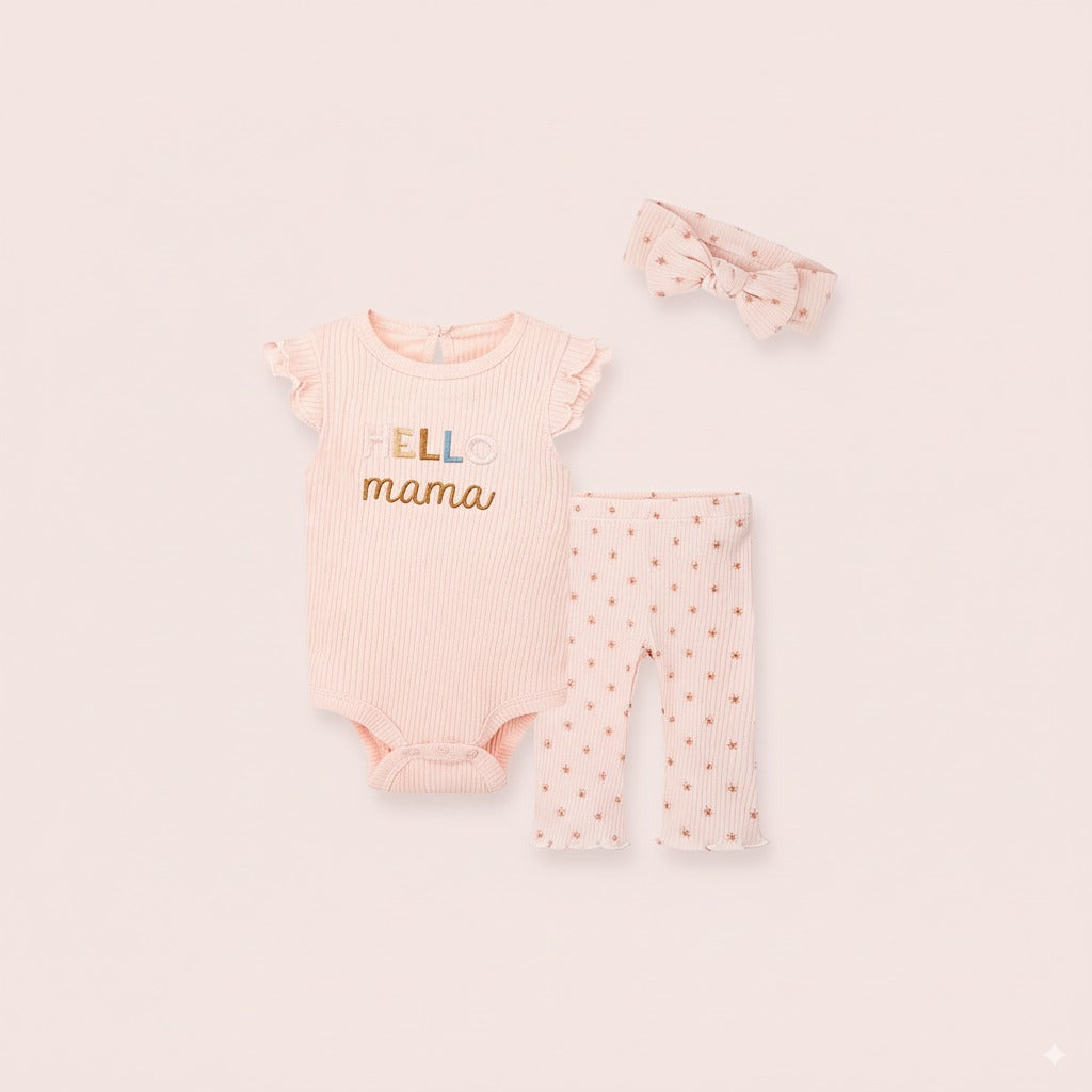 Baby Girl 3 Piece Bodysuit Pants Headband Set DA042-PK - Little Kooma