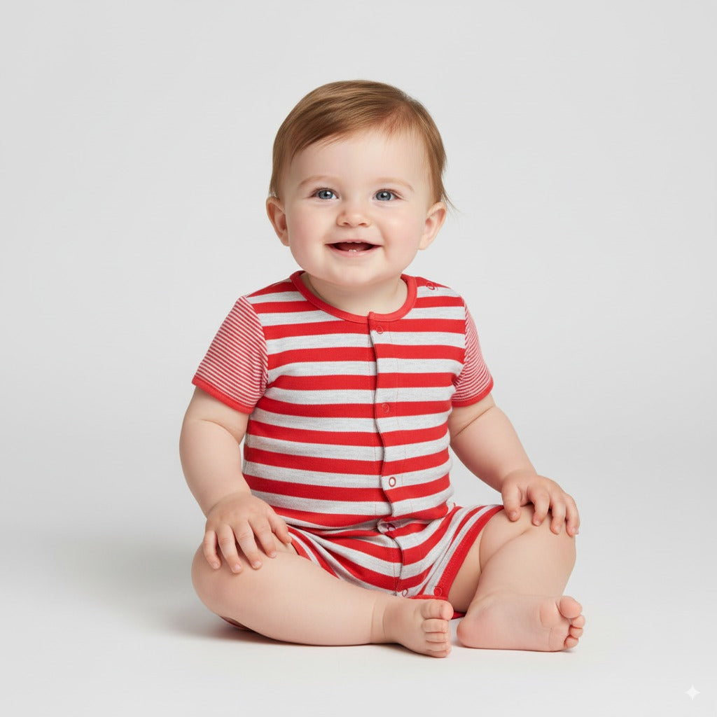 Baby Boy Red Stripe Romper w Embroidered Puppy - Little Kooma
