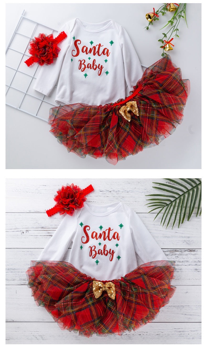 Baby Girl Christmas Outfit White Long Sleeve Bodysuit n Voile Plaid Skirt n Socks n Headwrap 4 Piece Set - 1124 - Little Kooma