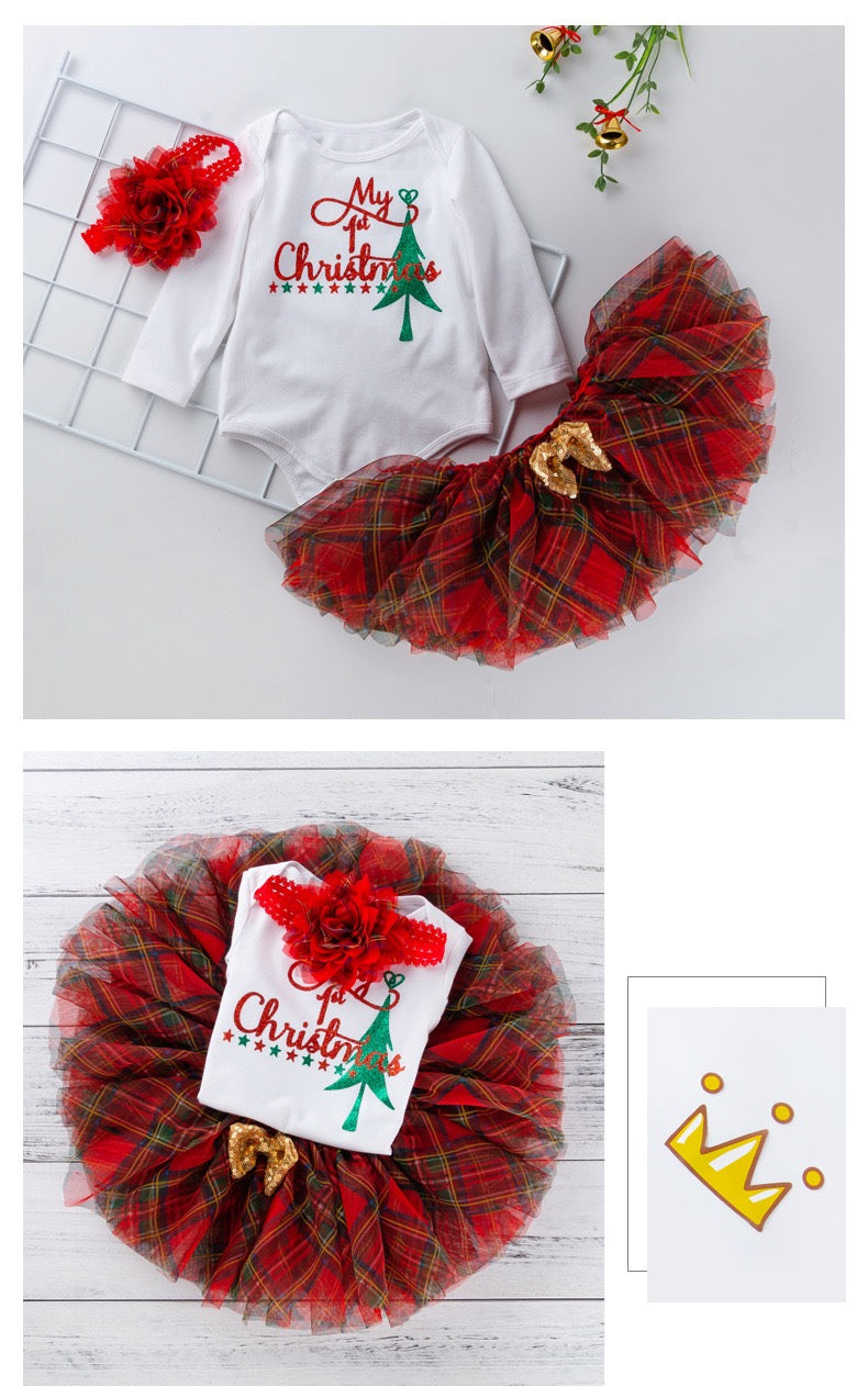 Baby Girl Christmas Outfit White Long Sleeve Bodysuit n Voile Plaid Skirt n Socks n Headwrap 4 Piece Set - 1124 - Little Kooma