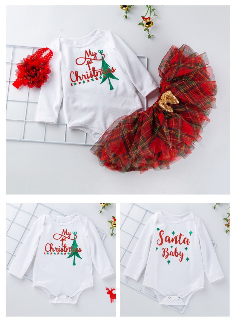 Baby Girl Christmas Outfit White Long Sleeve Bodysuit n Voile Plaid Skirt n Socks n Headwrap 4 Piece Set - 1124 - Little Kooma