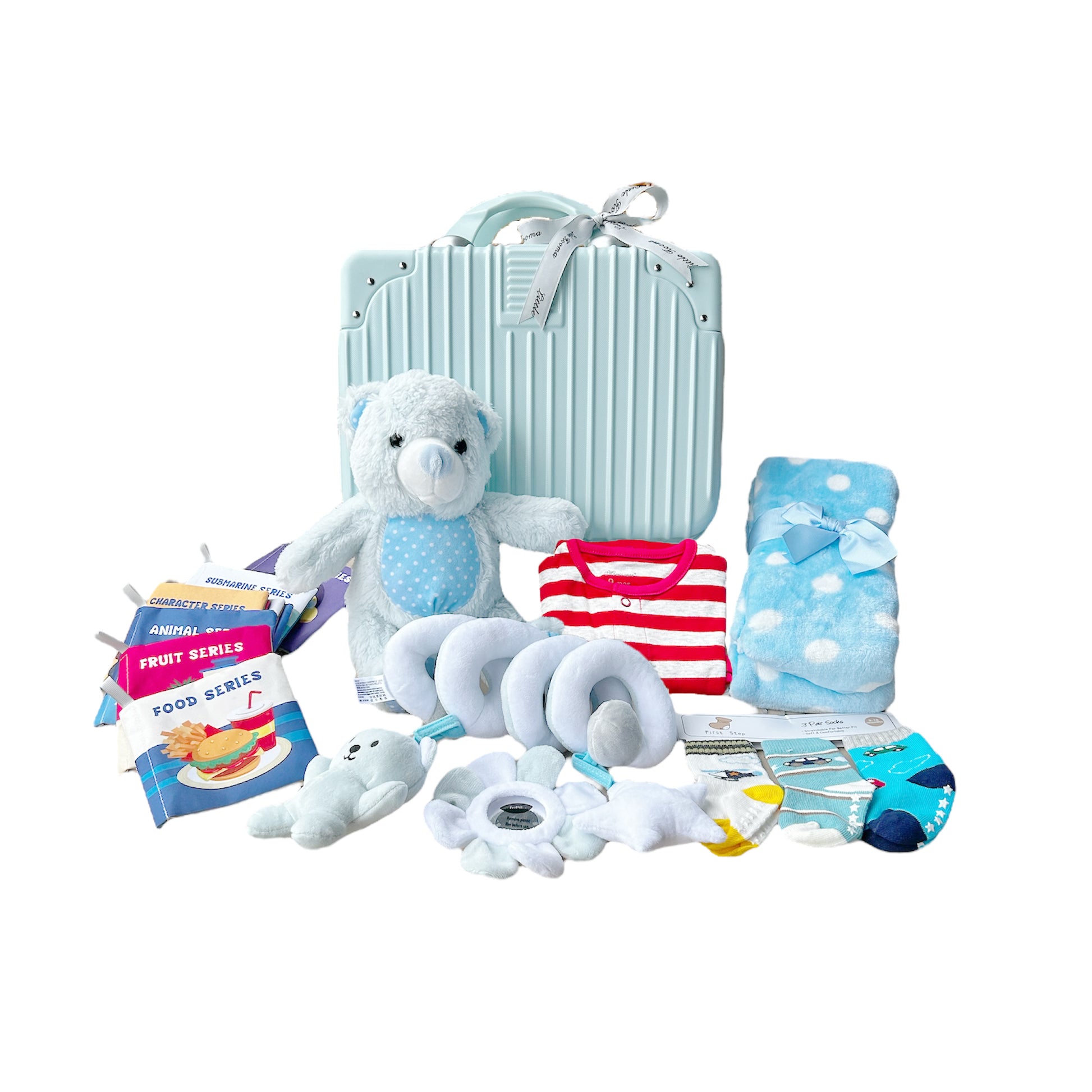 New Born Baby Boy LED Light Socks Cloth Books Plush Blanket Romper Spiral Toy Blue Bear Suitcase Mummy Makeup Box Gift Hamper Gift Box Set - Little Kooma