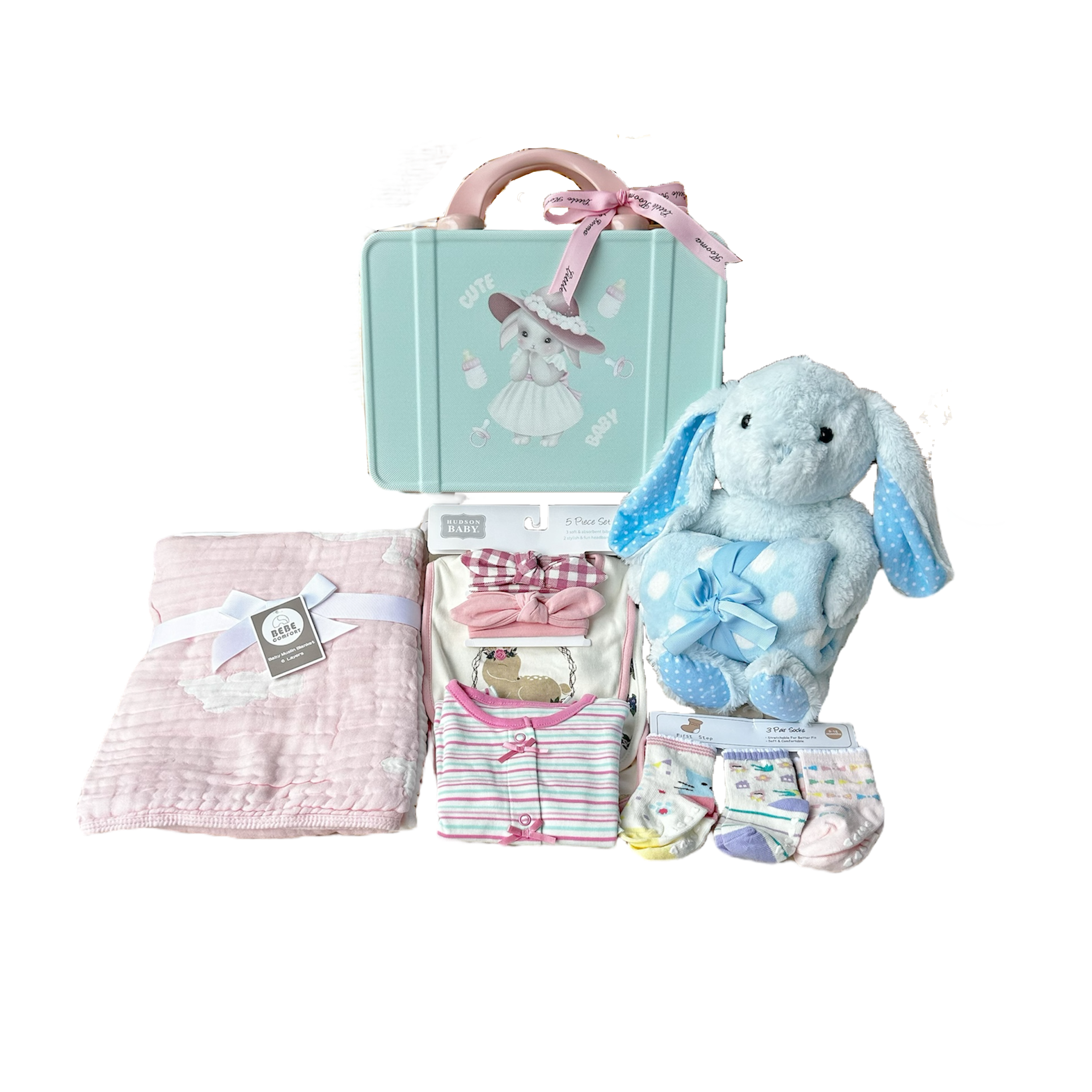 New Born Baby Girl LED Light Layette Plush Blanket Romper Muslin Blanket Blue Bunny Suitcase Mummy Makeup Box Gift Hamper Gift Box Set - Little Kooma