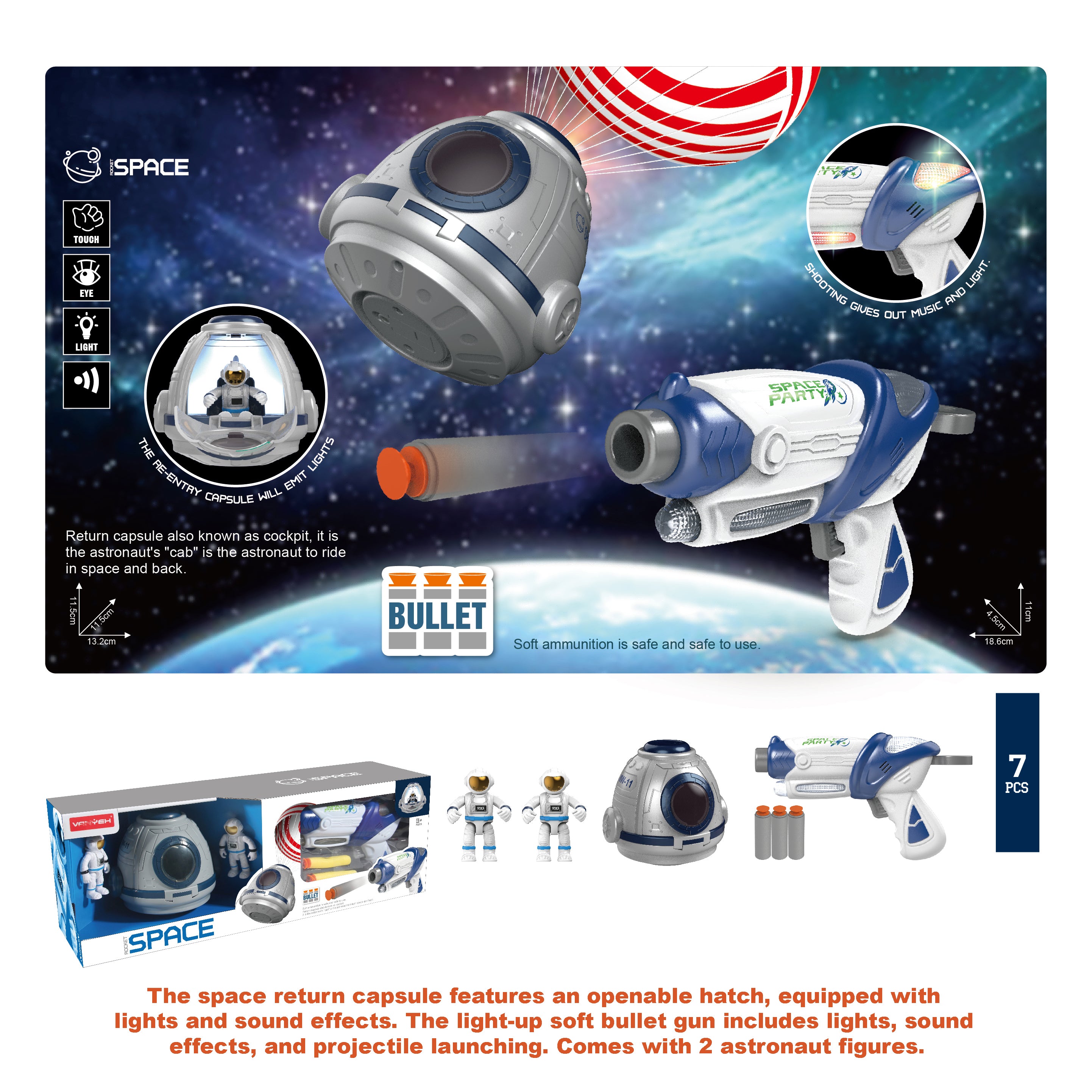Kids Space Soft Bullet Gun Flying Gyro Gun UFO Return Capsule Light Effects - Little Kooma