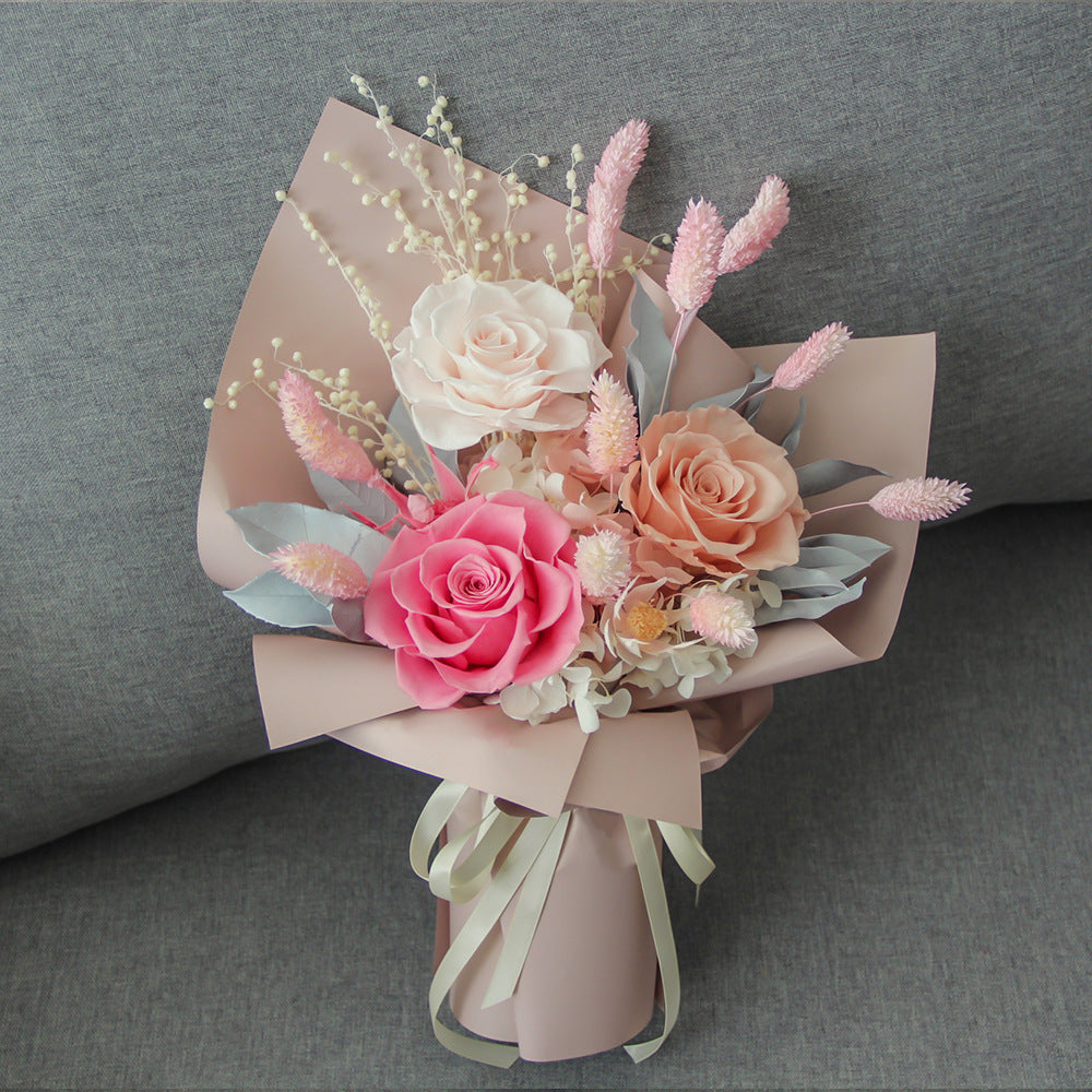 Roses Carnation Preserved Flowers Hand Bouquet Eternal Flowers For Mum Baby Shower Gift - Little Kooma
