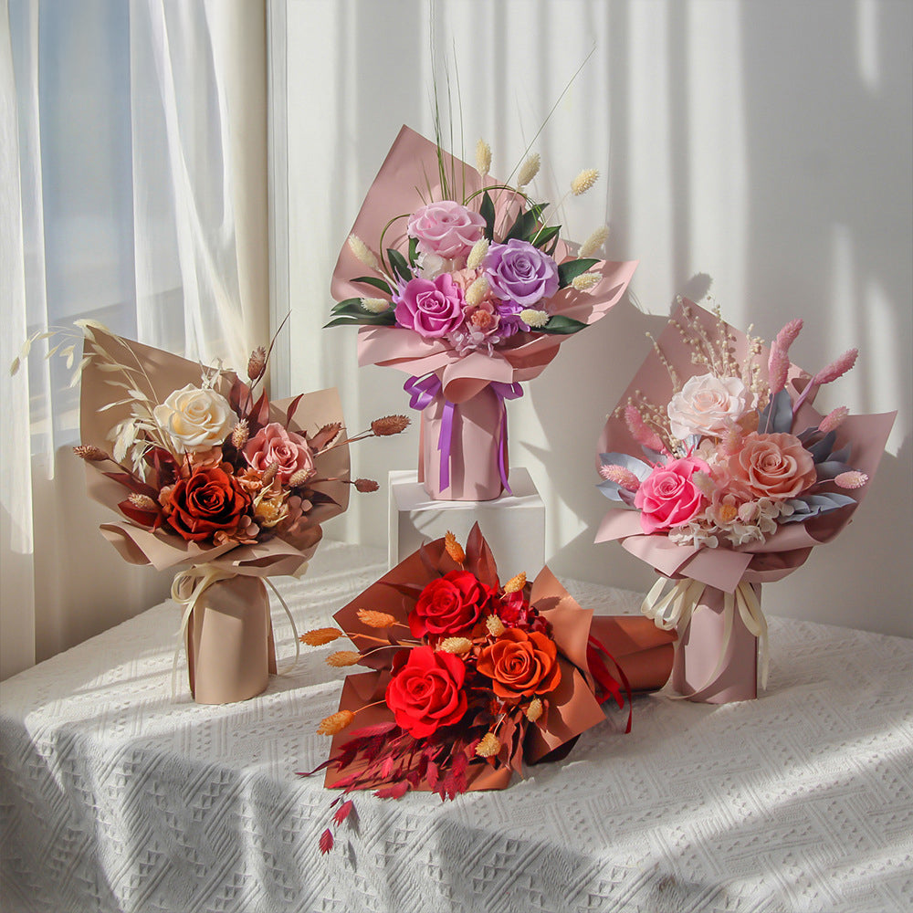 Roses Carnation Preserved Flowers Hand Bouquet Eternal Flowers For Mum Baby Shower Gift - Little Kooma