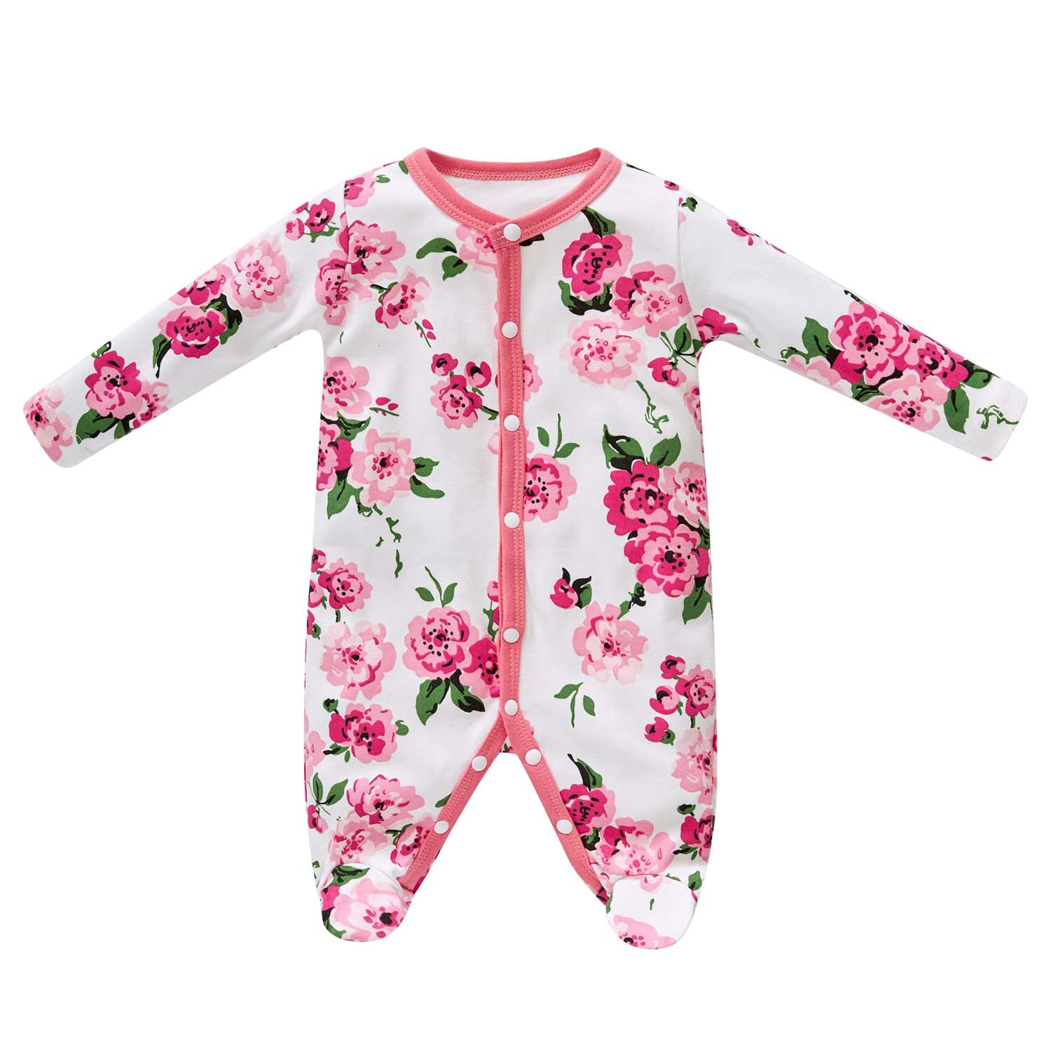 Baby Cotton Sleepsuit Pink Flowers All In One Jumpsuit Feet Cover - Little Kooma