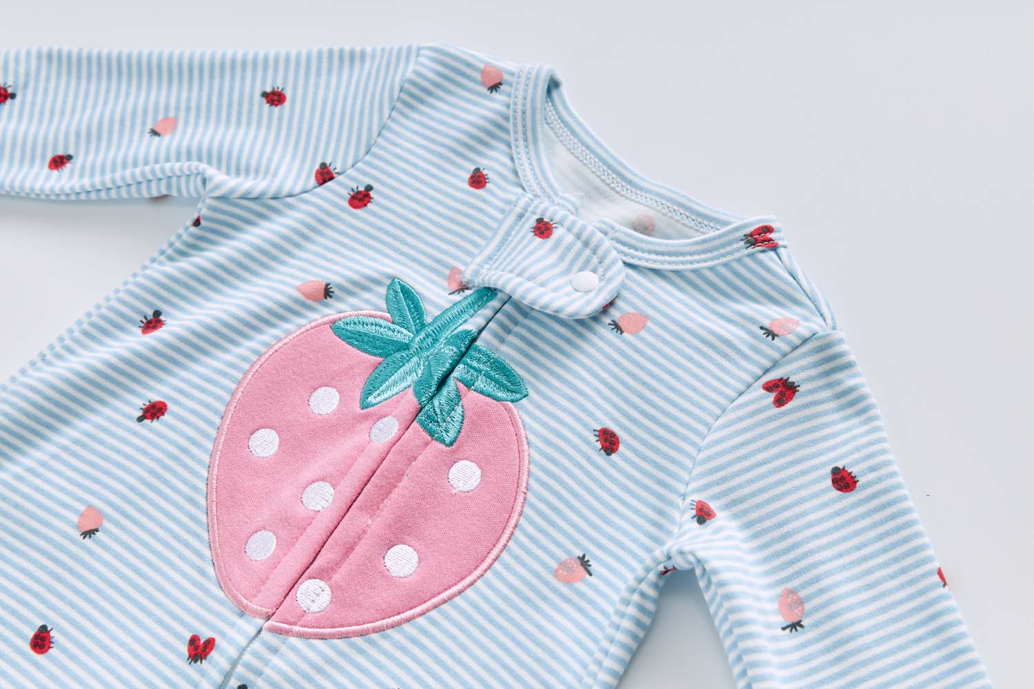 Baby Cotton Sleepsuit Blue Stripes Strawberry Two Way Zipper All In One Jumpsuit Feet Cover - Little Kooma