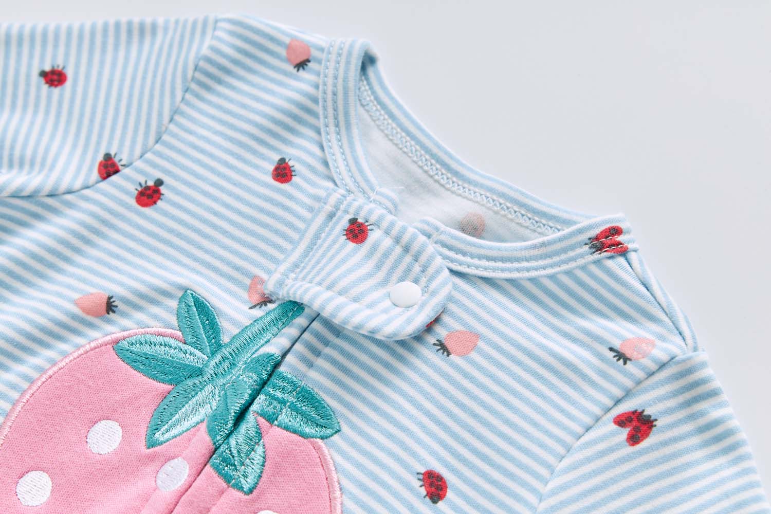 Baby Cotton Sleepsuit Blue Stripes Strawberry Two Way Zipper All In One Jumpsuit Feet Cover - Little Kooma