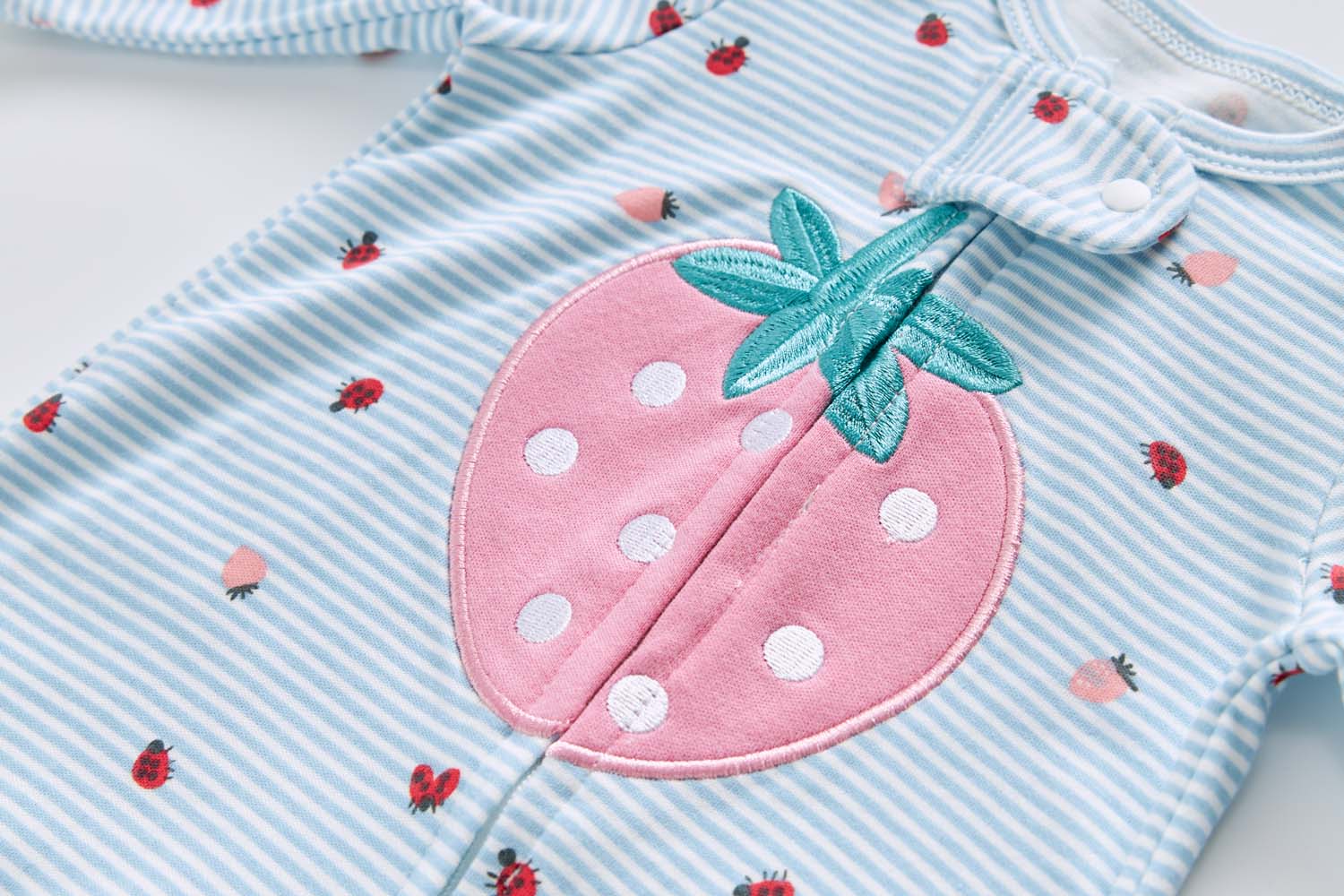 Baby Cotton Sleepsuit Blue Stripes Strawberry Two Way Zipper All In One Jumpsuit Feet Cover - Little Kooma