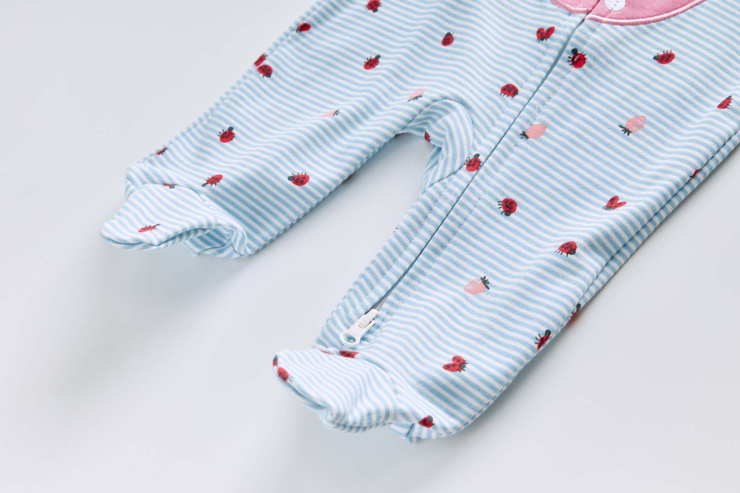 Baby Cotton Sleepsuit Blue Stripes Strawberry Two Way Zipper All In One Jumpsuit Feet Cover - Little Kooma