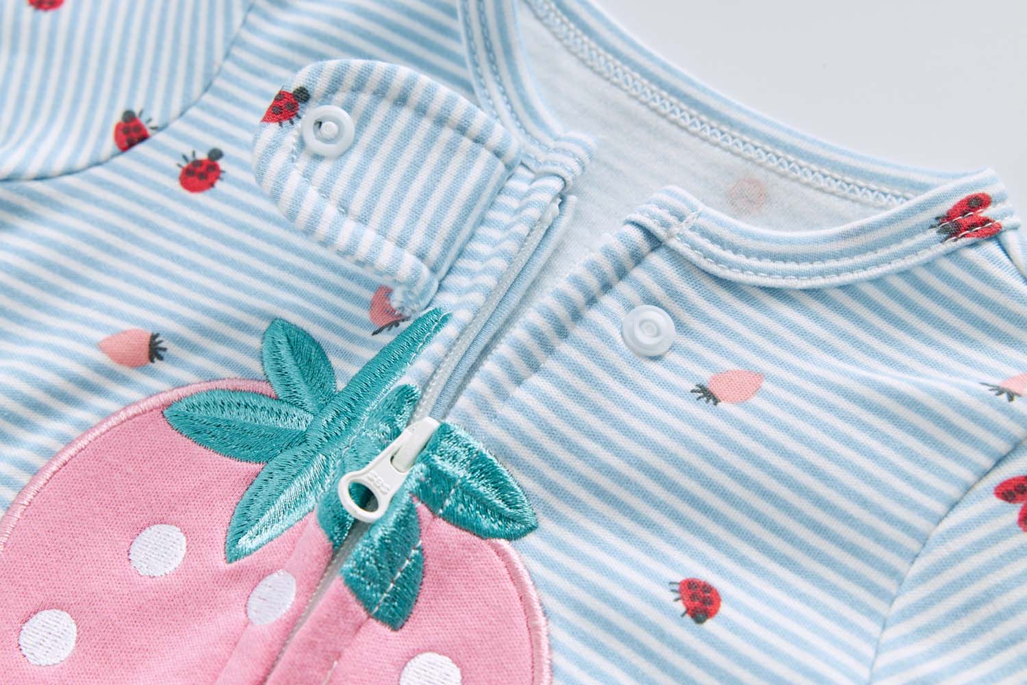 Baby Cotton Sleepsuit Blue Stripes Strawberry Two Way Zipper All In One Jumpsuit Feet Cover - Little Kooma