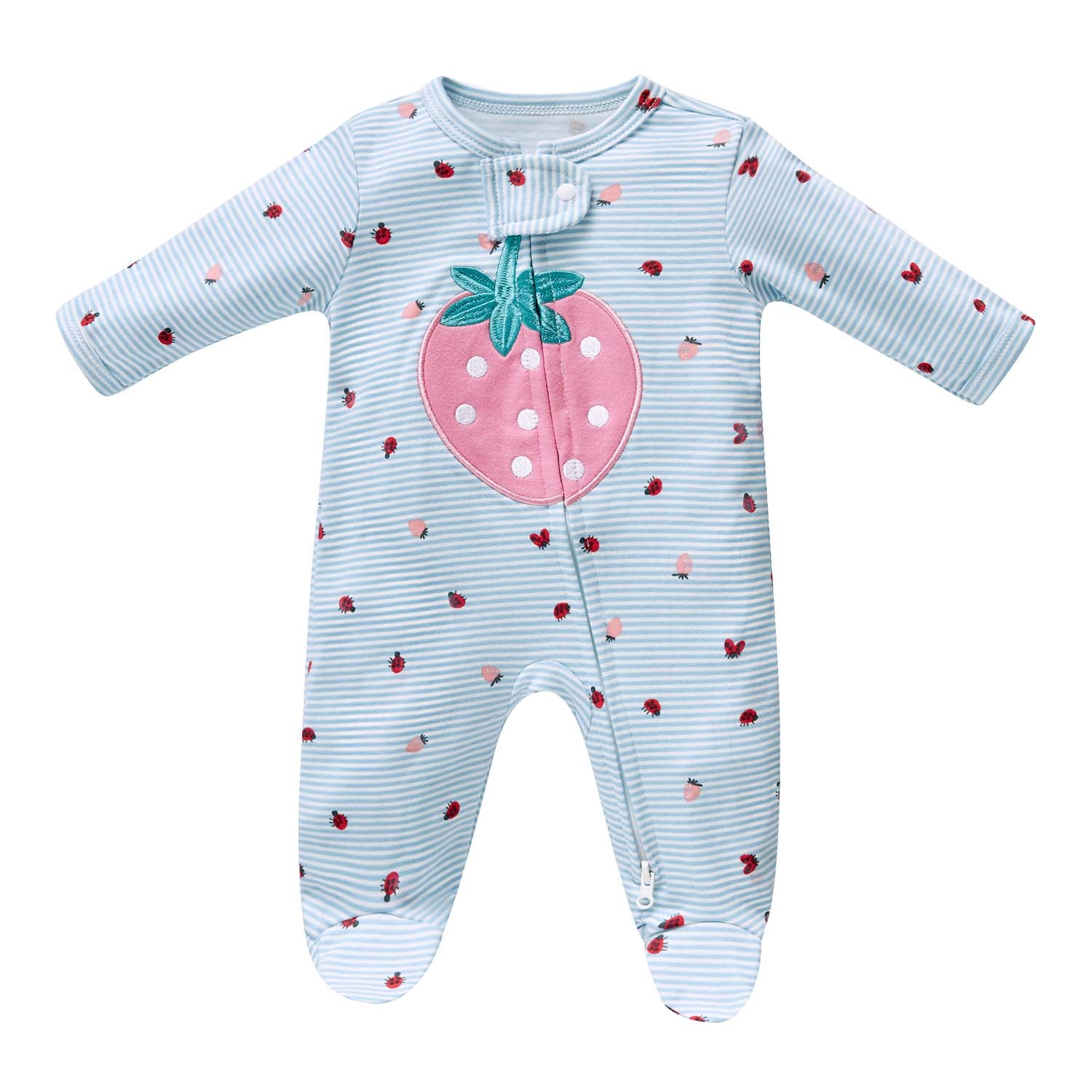 Baby Cotton Sleepsuit Blue Stripes Strawberry Two Way Zipper All In One Jumpsuit Feet Cover - Little Kooma