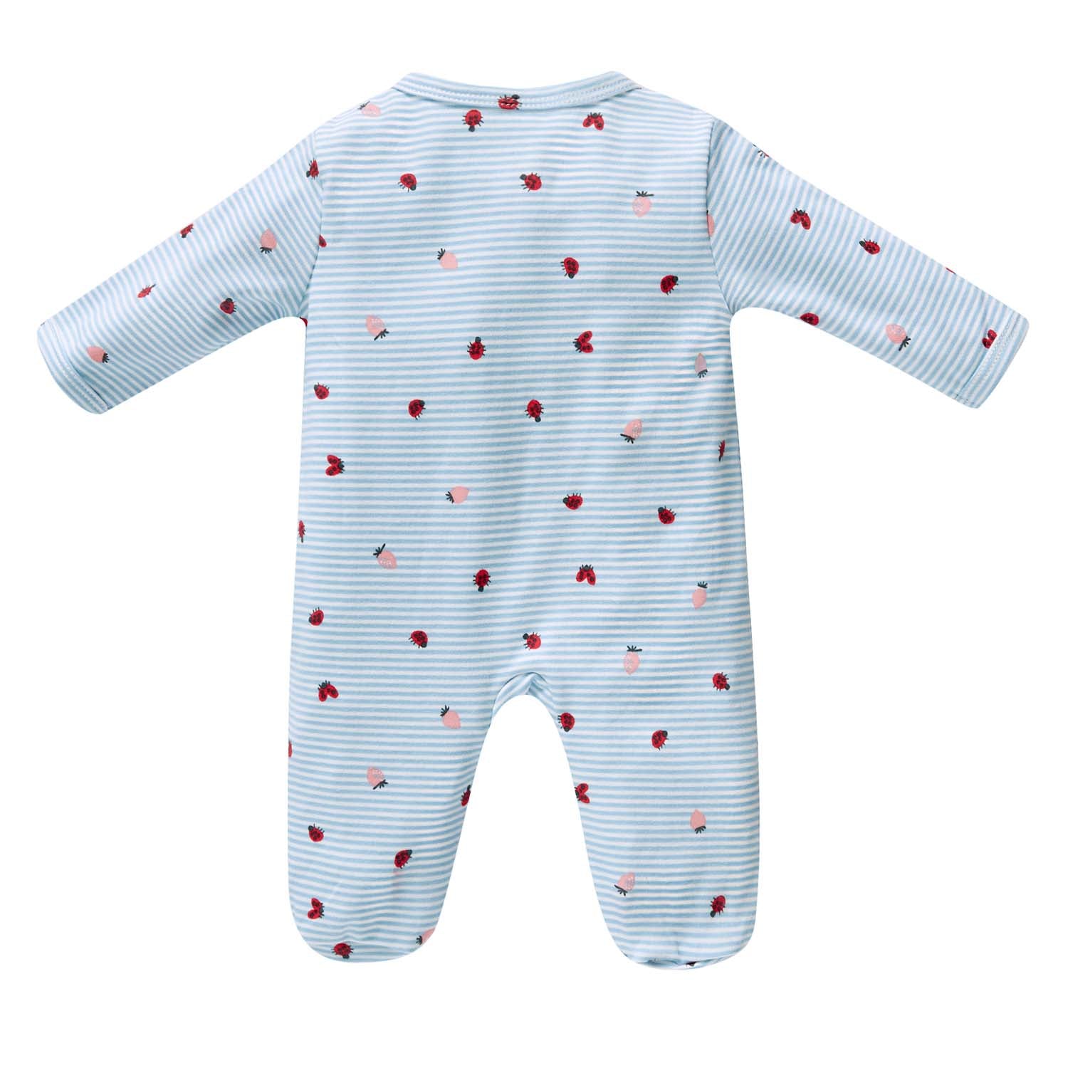 Baby Cotton Sleepsuit Blue Stripes Strawberry Two Way Zipper All In One Jumpsuit Feet Cover - Little Kooma