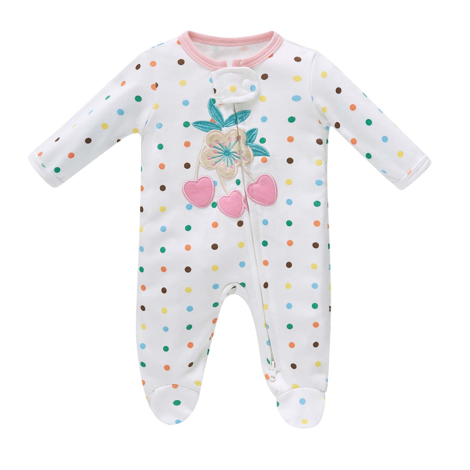 Baby Cotton Sleepsuit Polka Dots Cherry Two Way Zipper All In One Jumpsuit Feet Cover - Little Kooma