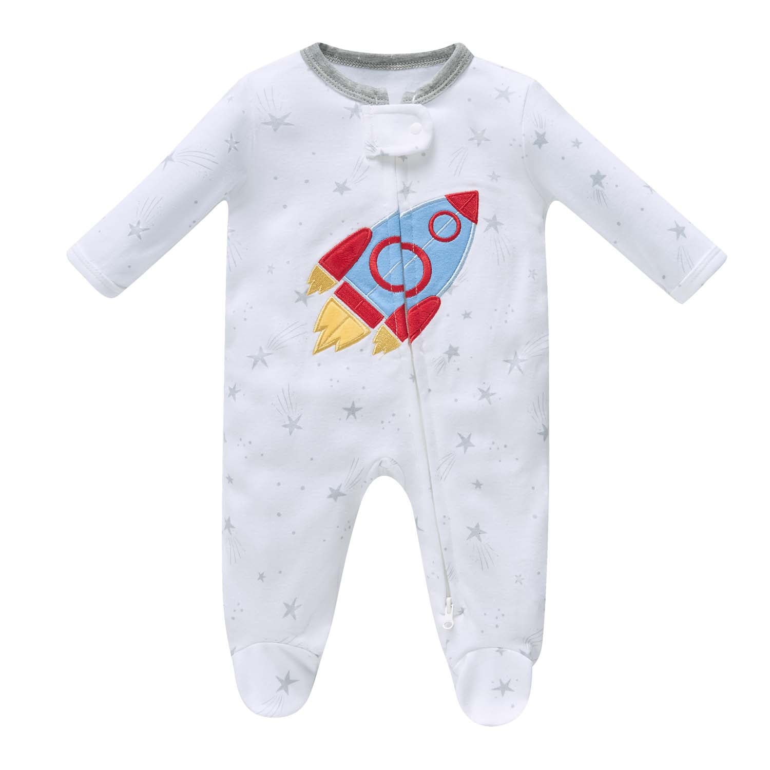 Baby Boy Cotton Sleepsuit White Star Excavator Two Way Zipper All In One Jumpsuit - Little Kooma