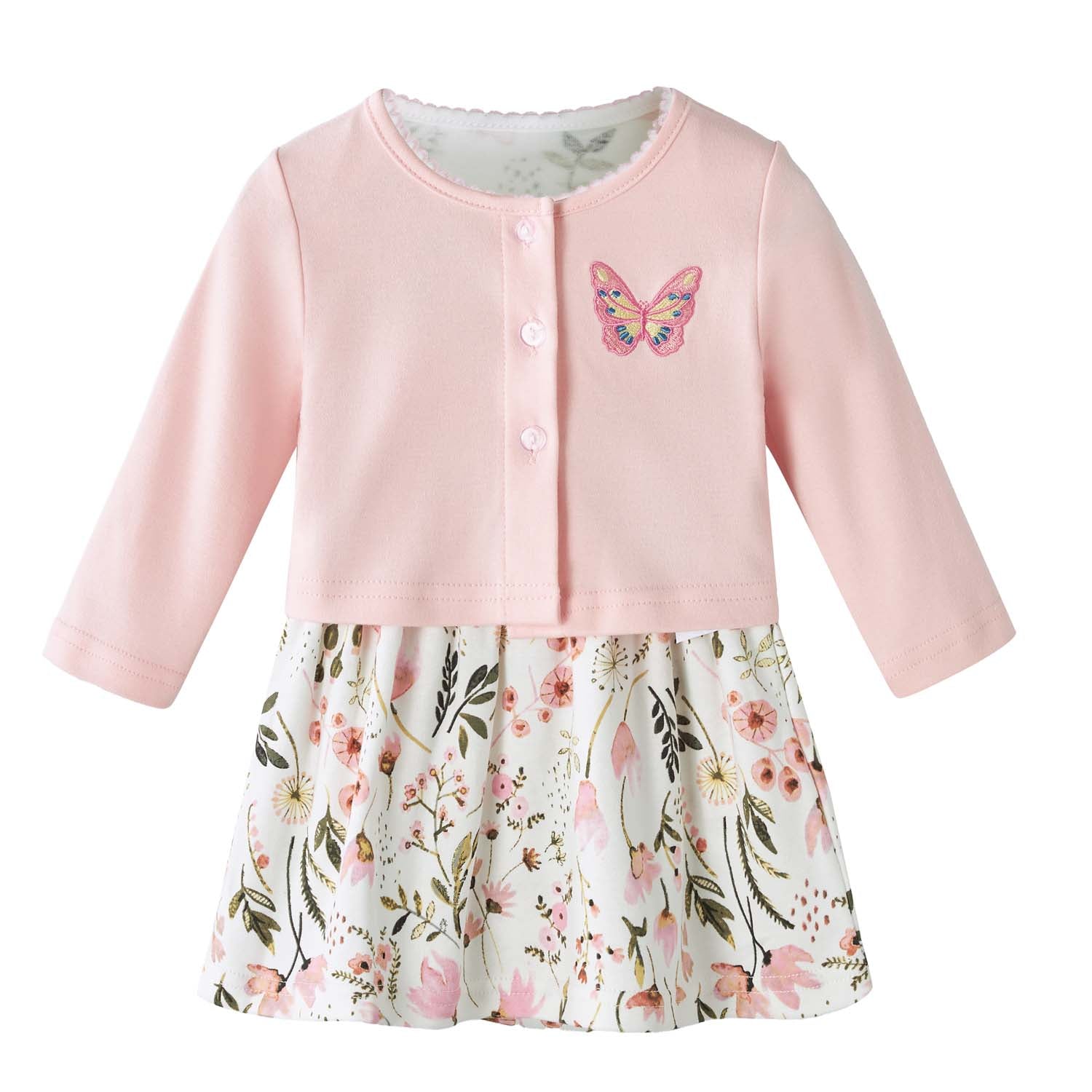 Baby Girl Pink Floral Bodysuit Dress n Pink Cardigan 2 Pc Set - Little Kooma