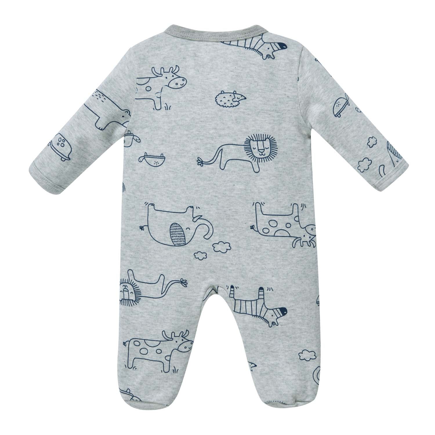 Baby Boy Cotton Sleepsuit Grey Animal Lion Two Way Zipper All In One Jumpsuit - Little Kooma