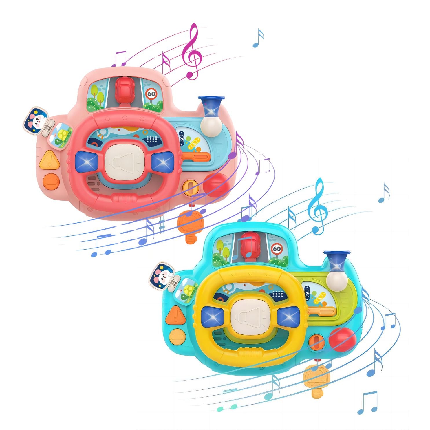 Portable Baby Steering Wheel Toy with Velcro Straps – Pretend Play with Lights, Sounds, and Flip Activities for Tables, Strollers, and Car Seats 18 Months + - Little Kooma