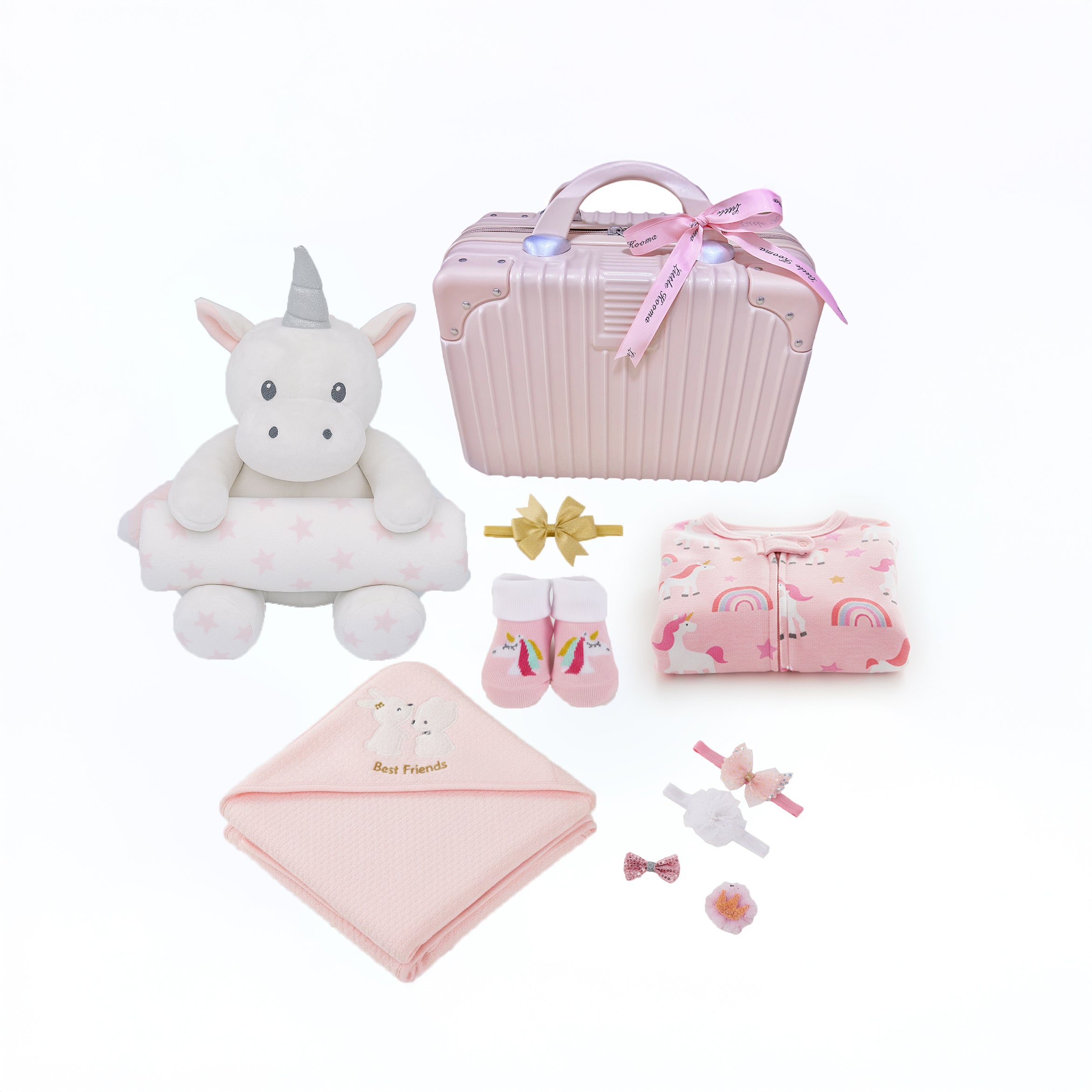 New Born Baby Girl LED Light Hair Accessories Layette Receiving Blanket Sleepsuit Unicorn Suitcase Mummy Makeup Gift Hamper Gift Box Set