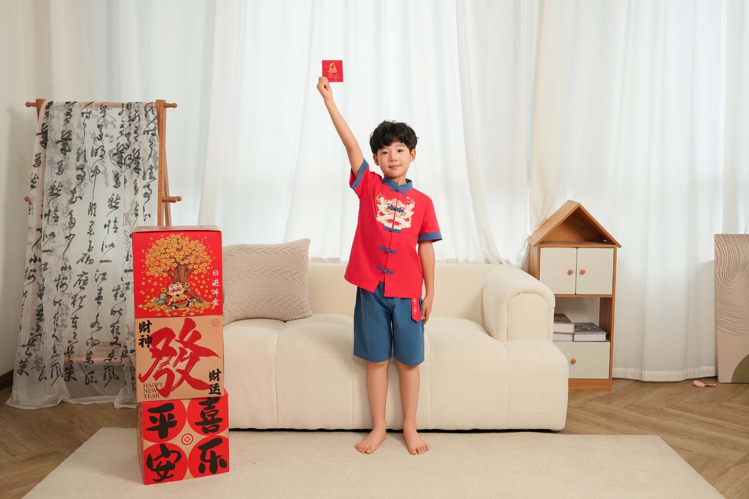 Singapore Souvenir Gift Dancing Lion Baby Kids Boys Cheongsam Set Red Top n Blue Shorts CNY Chinese New Year Outfit 0838 - Little Kooma
