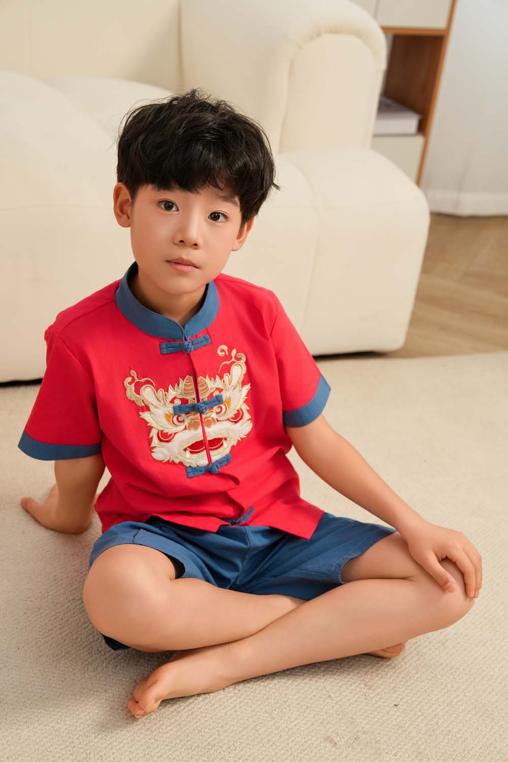 Singapore Souvenir Gift Dancing Lion Baby Kids Boys Cheongsam Set Red Top n Blue Shorts CNY Chinese New Year Outfit 0838 - Little Kooma
