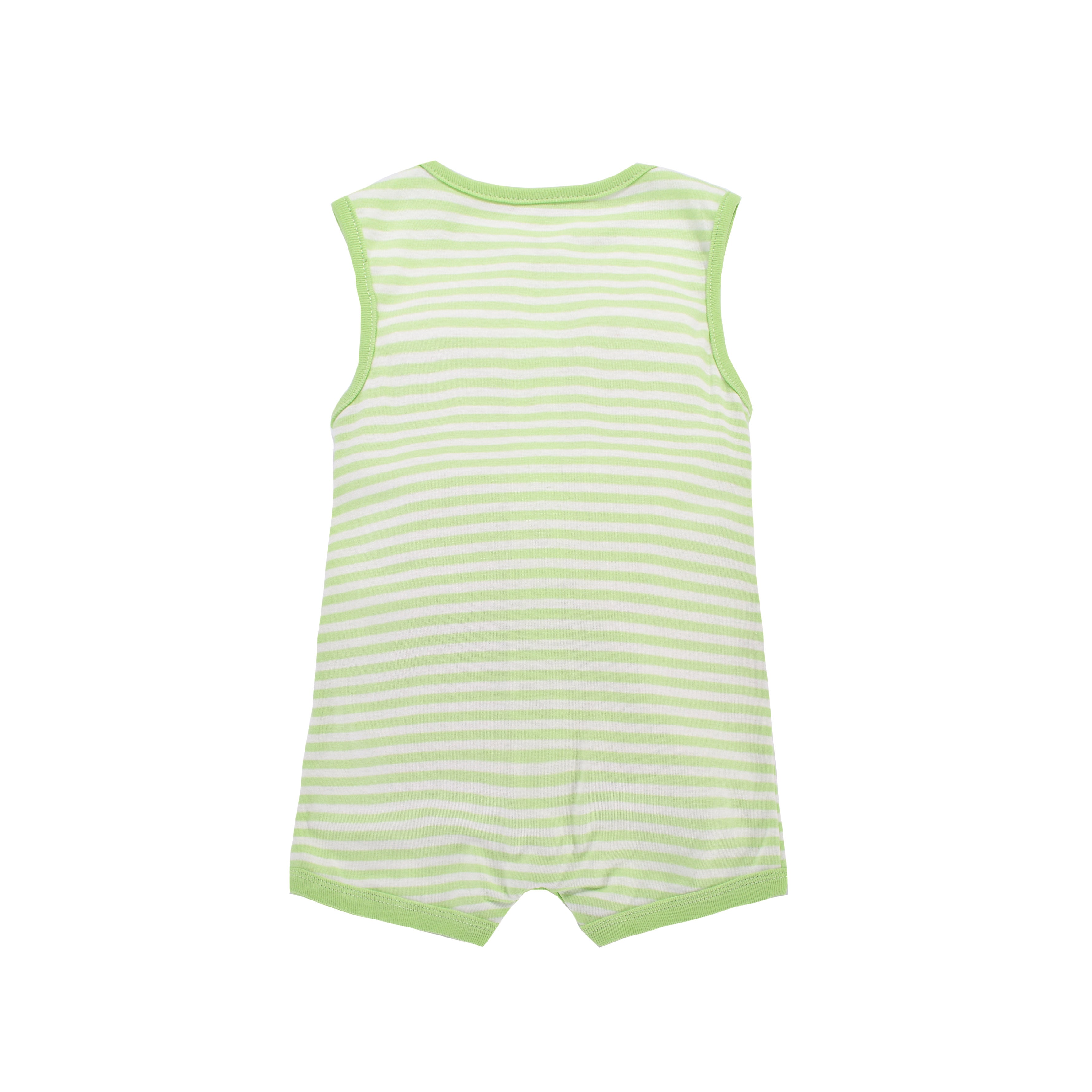 Baby Boy Sleeveless Green Stripe Romper w Embroidered Boat - Little Kooma