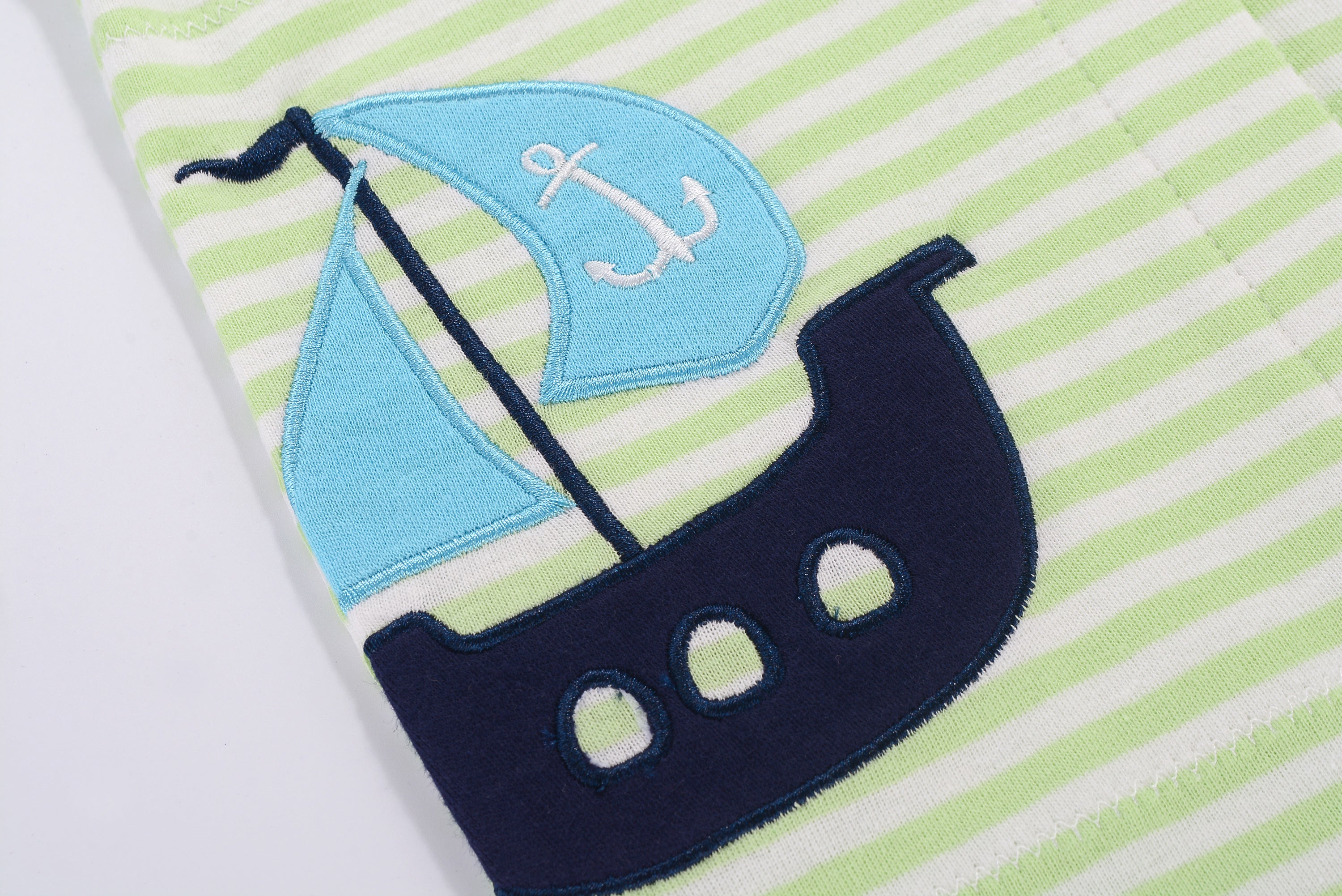 Baby Boy Sleeveless Green Stripe Romper w Embroidered Boat - Little Kooma