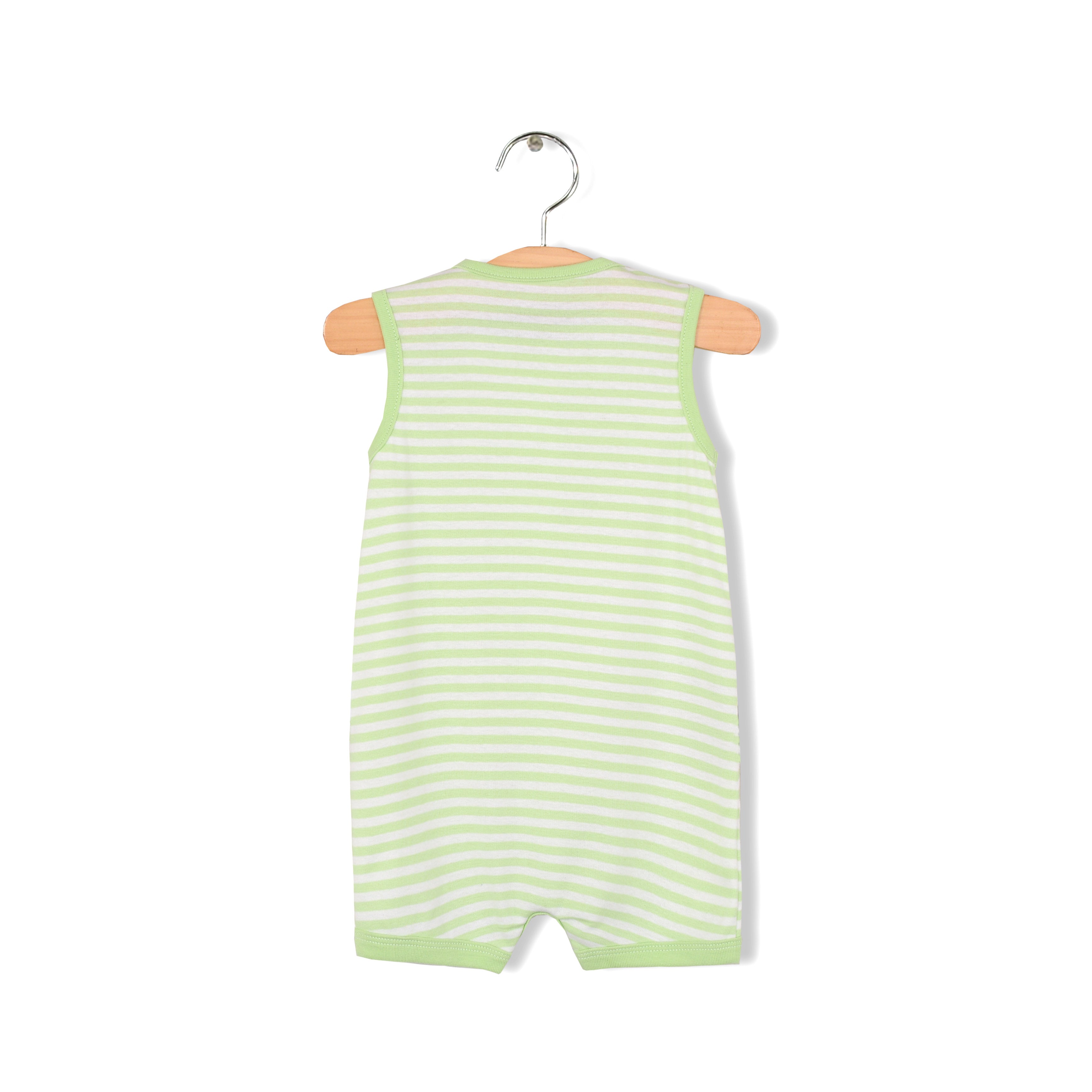 Baby Boy Sleeveless Green Stripe Romper w Embroidered Boat - Little Kooma