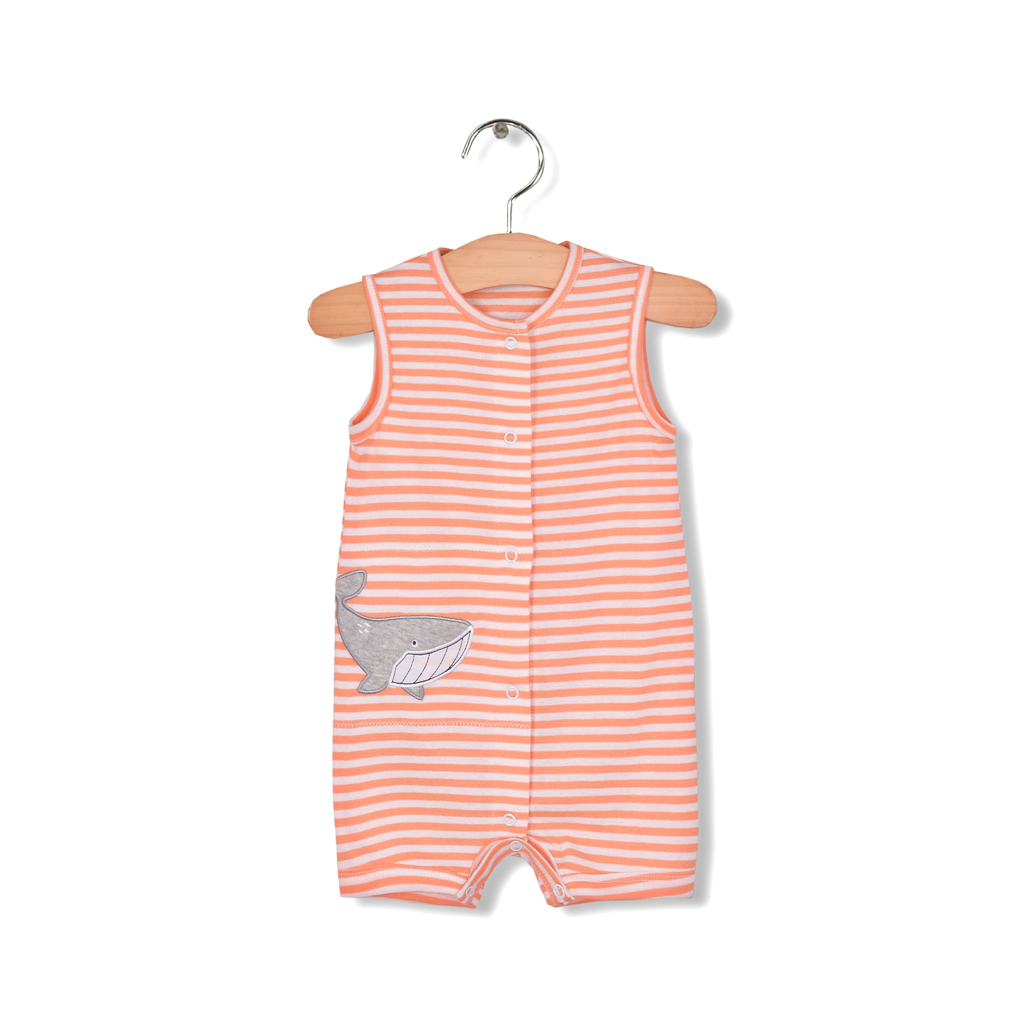 Baby Boy Sleeveless Orange Stripe Romper w Embroidered Shark - Little Kooma