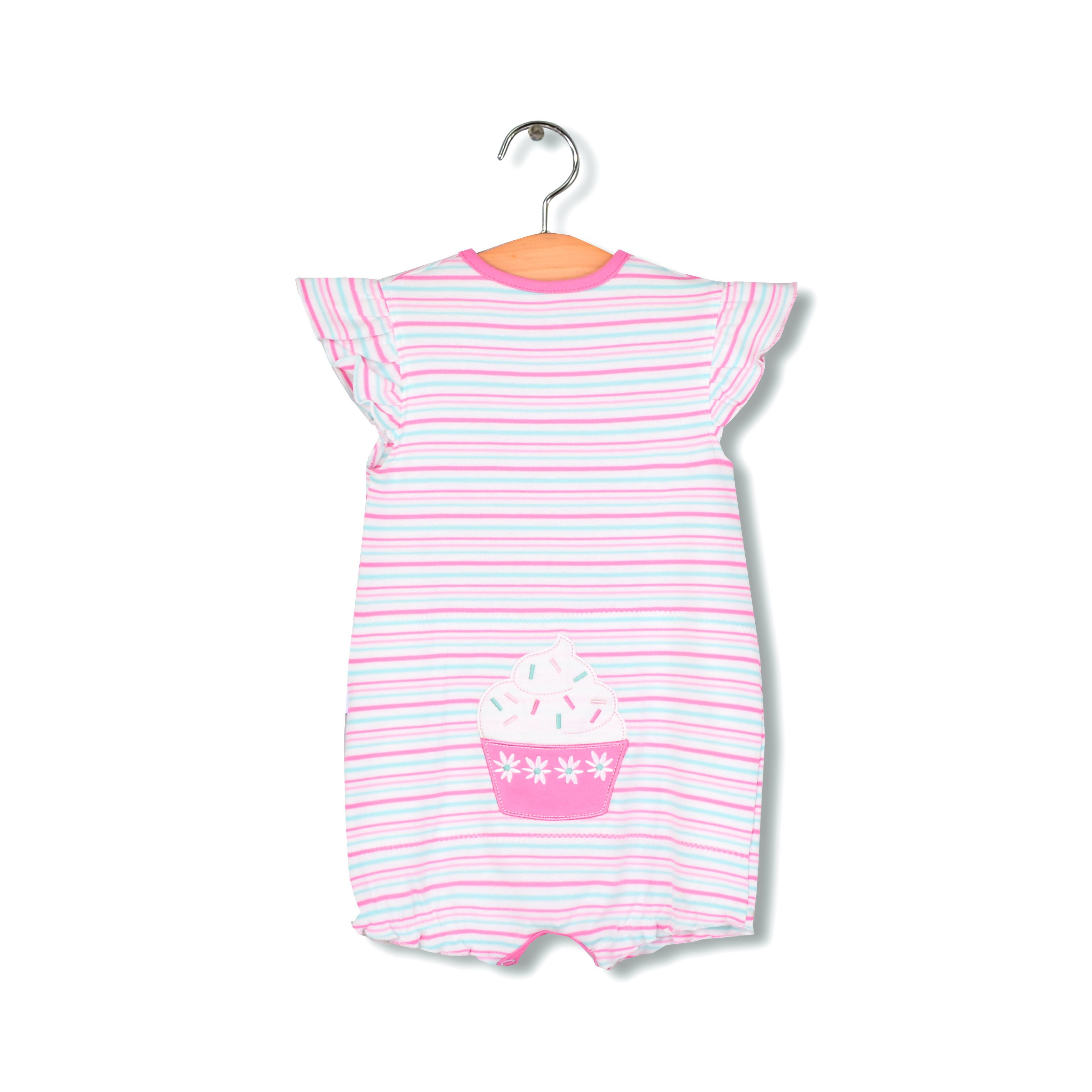 Baby Girl Romper Pink Blue Stripes w Embroidered Ice Cream - Little Kooma