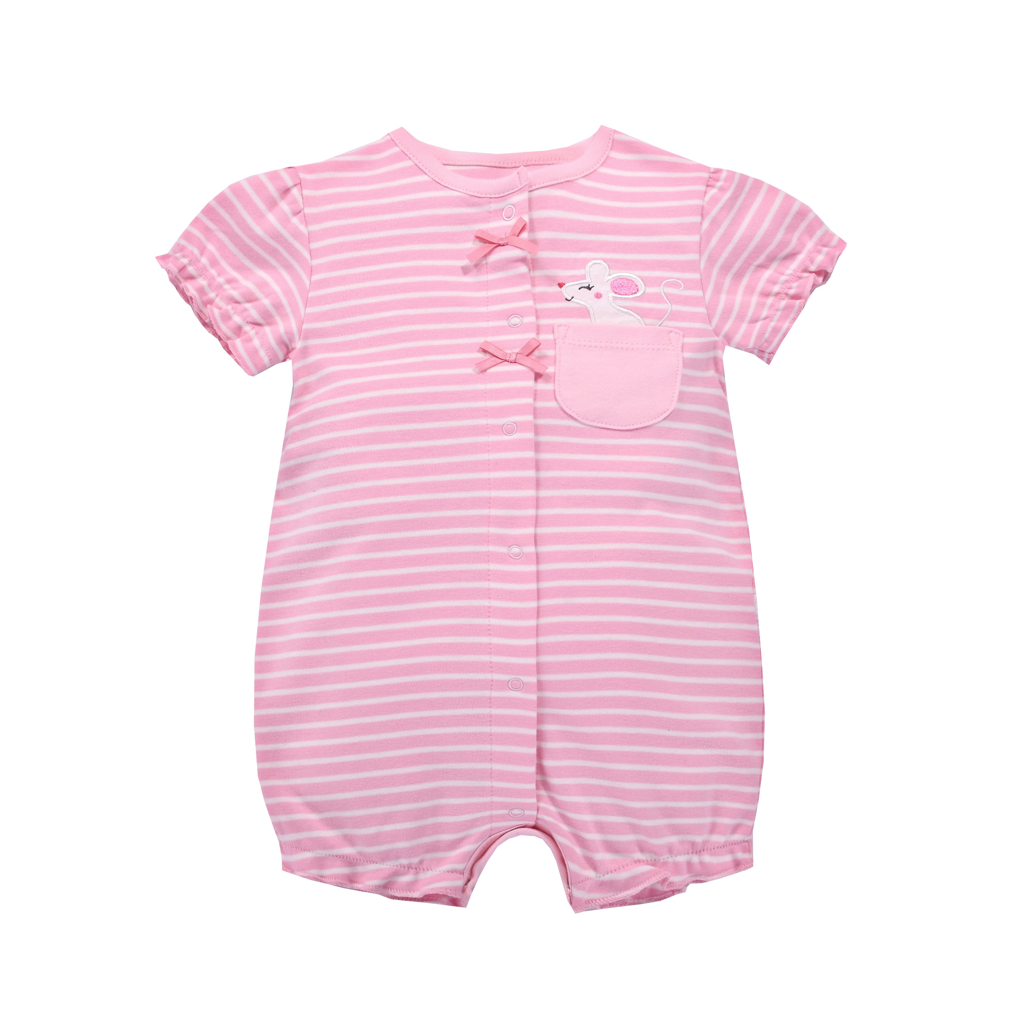 Baby Girl Romper Pink Stripes w Embroidered Little Mouse - Little Kooma