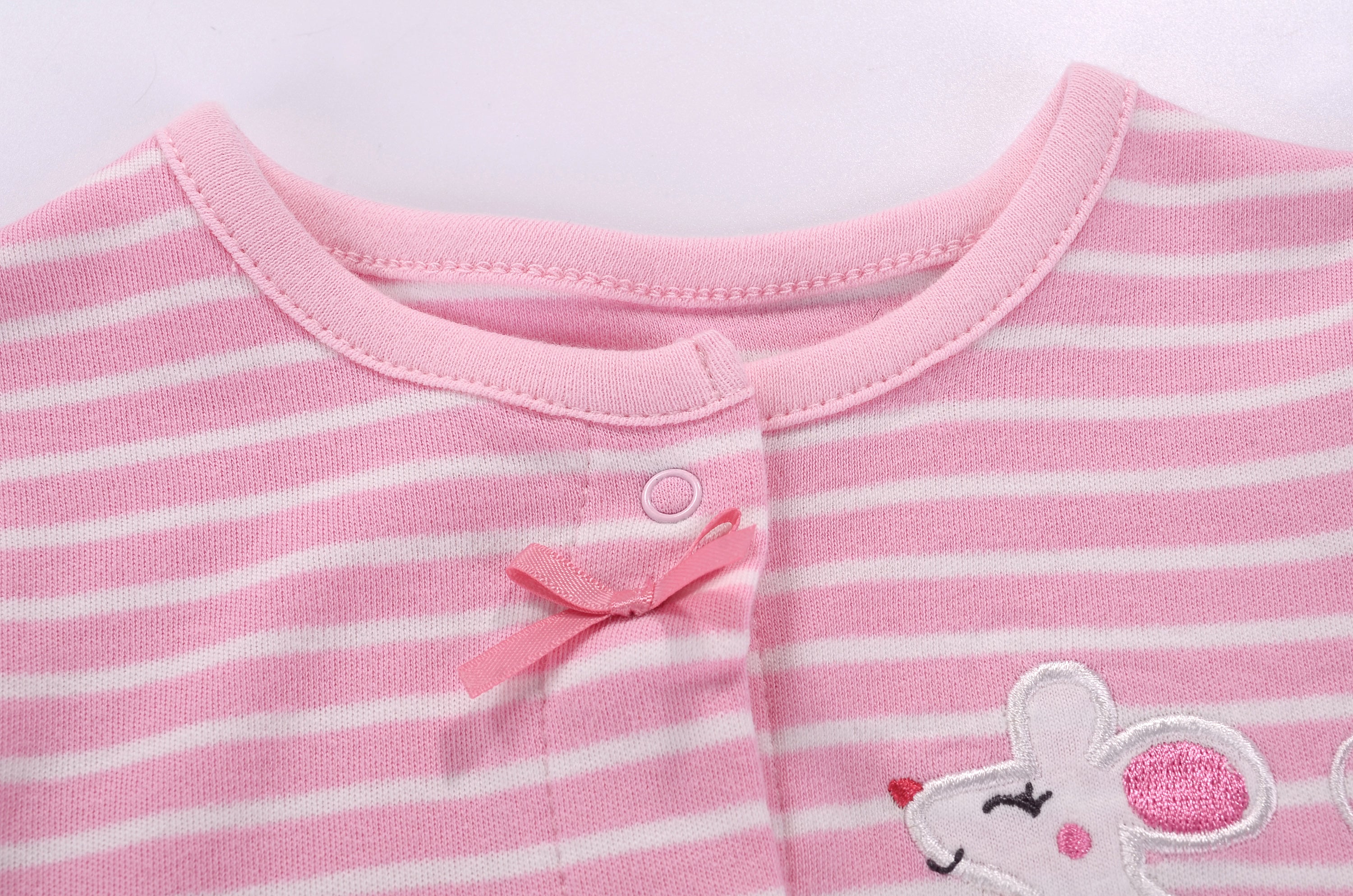 Baby Girl Romper Pink Stripes w Embroidered Little Mouse - Little Kooma
