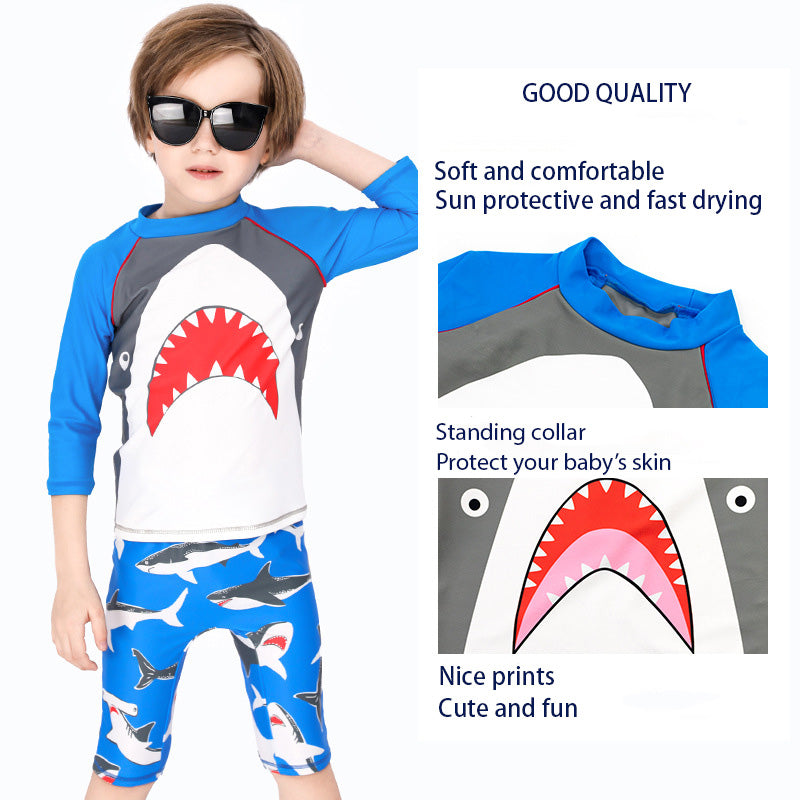 Baby Kids Boy's Big Mouth Shark Long Sleeves Two Piece Swimming Suit Top Shorts n Free Cap 908030 - Little Kooma