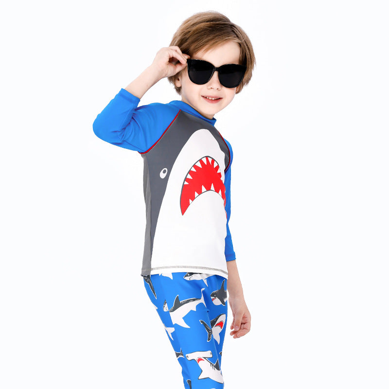 Baby Kids Boy's Big Mouth Shark Long Sleeves Two Piece Swimming Suit Top Shorts n Free Cap 908030 - Little Kooma