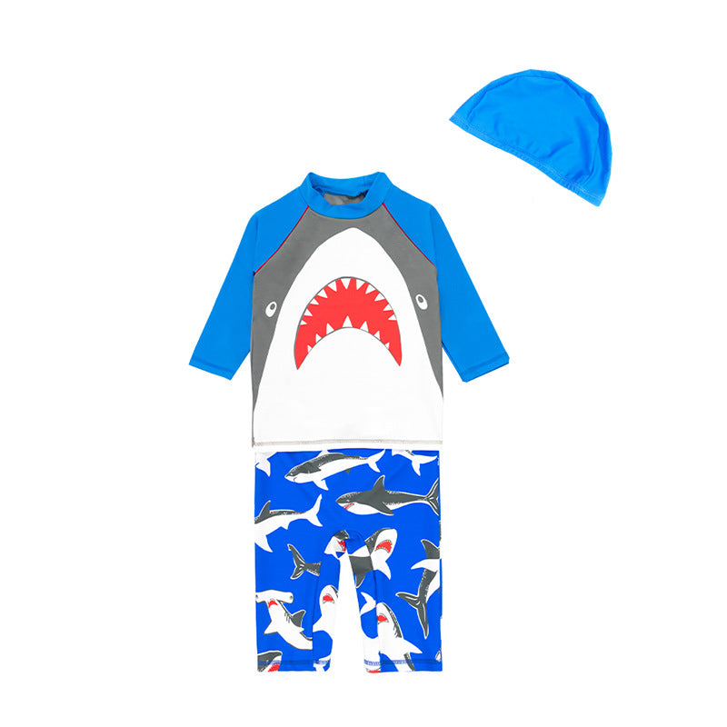 Baby Kids Boy's Big Mouth Shark Long Sleeves Two Piece Swimming Suit Top Shorts n Free Cap 908030 - Little Kooma